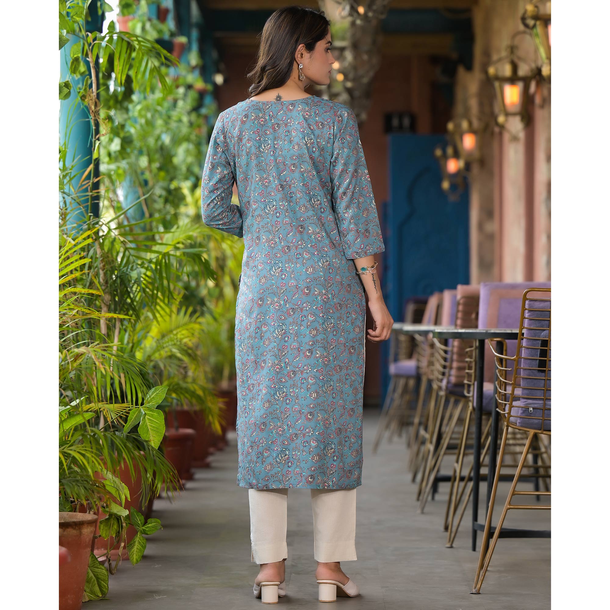 Bluish Grey Floral Printed Rayon Straight kurti