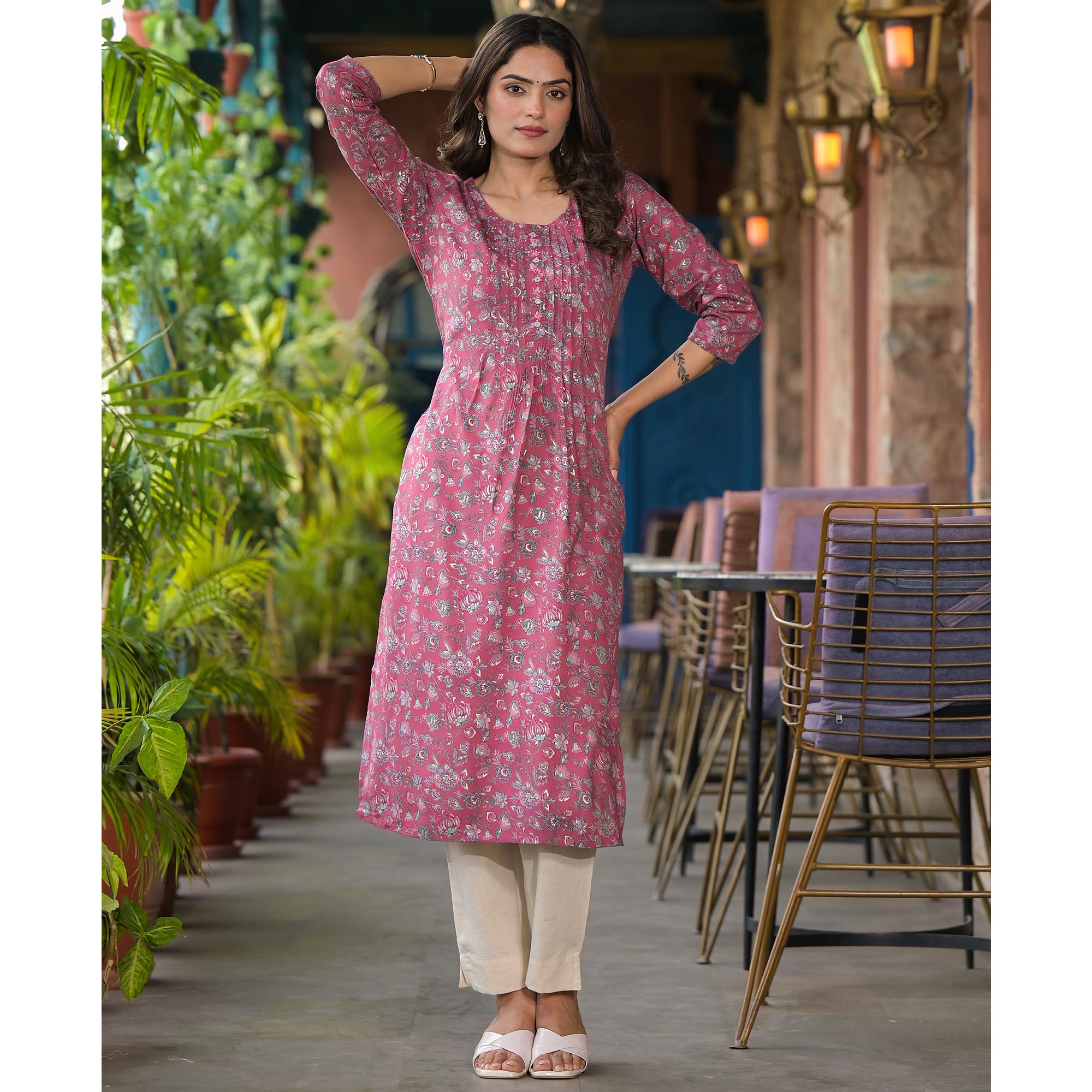 Pink Floral Printed Rayon Straight kurti