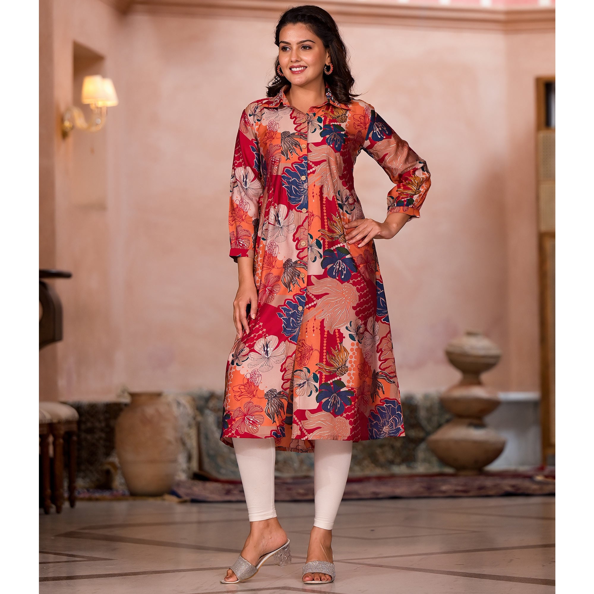 Rani Pink Floral Printed Chanderi Silk A-Line Dress