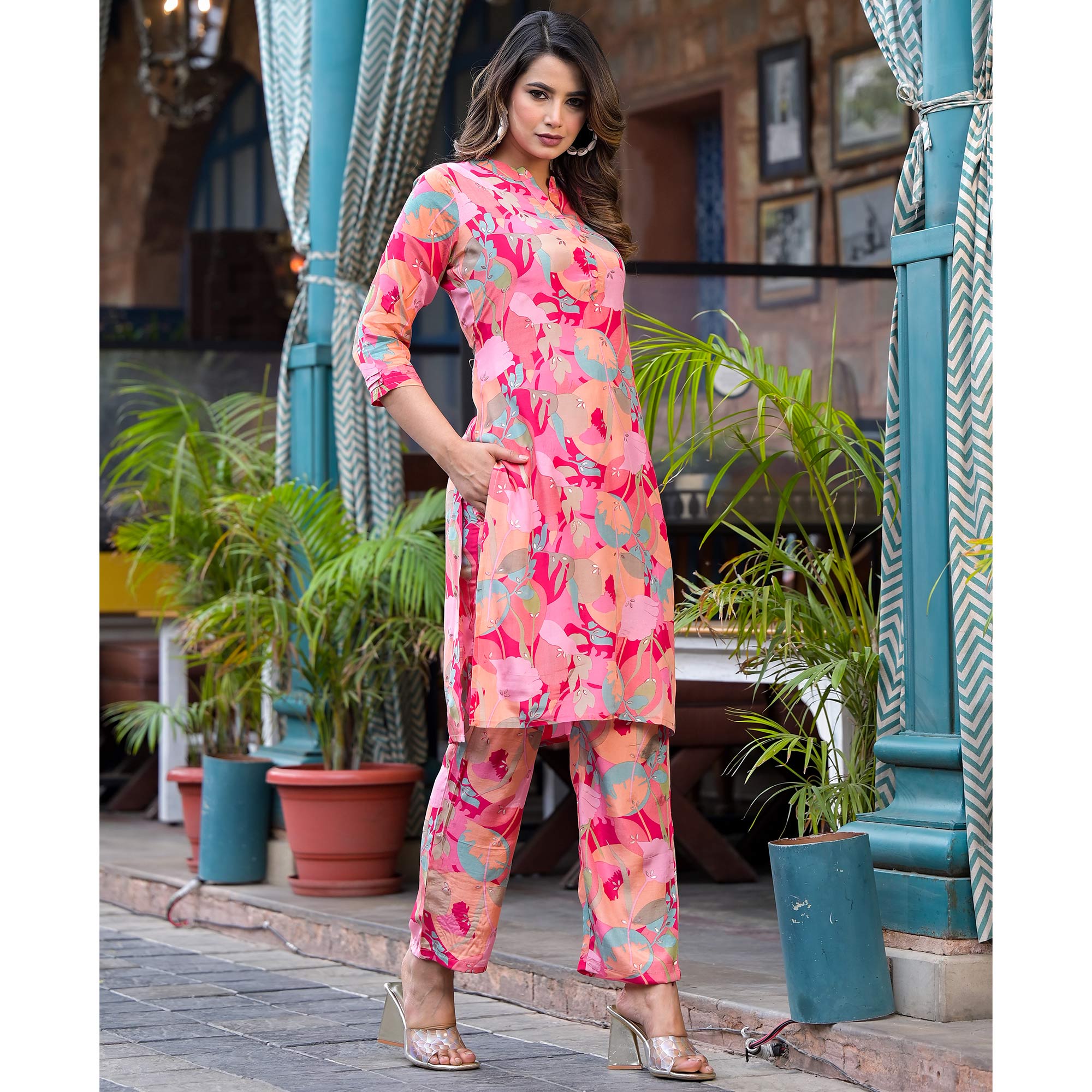 Pink Floral Foil Printed Muslin Co Ord Set