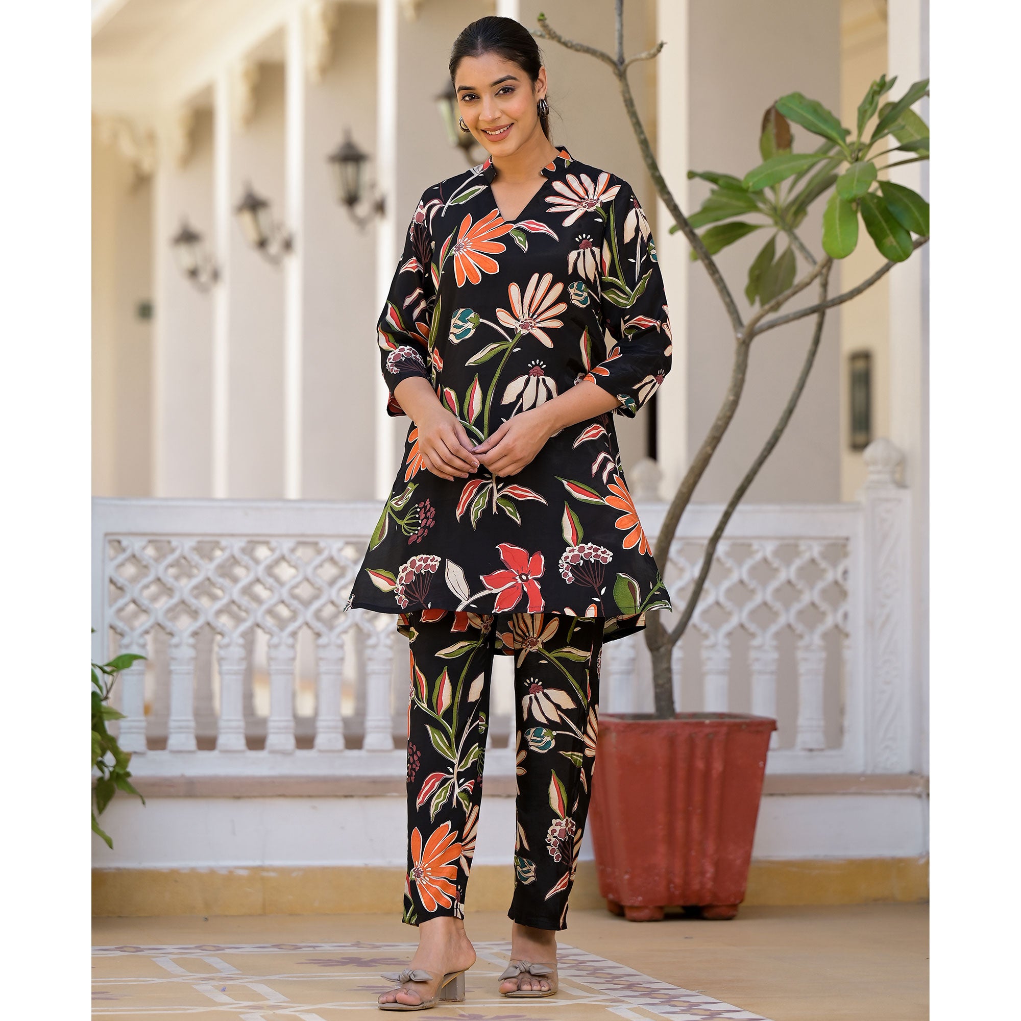 Black Floral Printed Muslin Co Ord Set