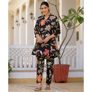 Black Floral Printed Muslin Co Ord Set