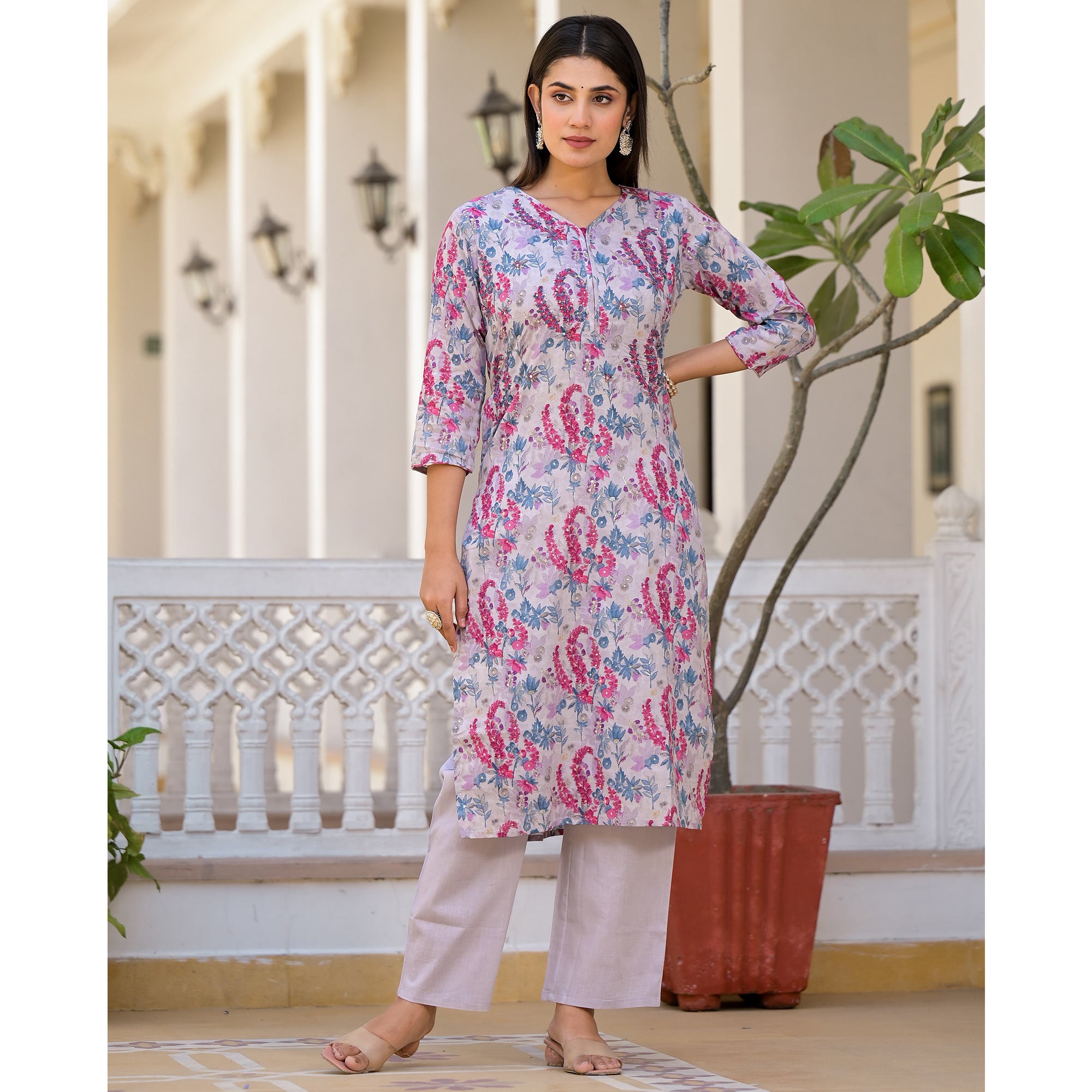 Grey Floral Printed Mulmul Cotton Salwar Suit With Handcrafted