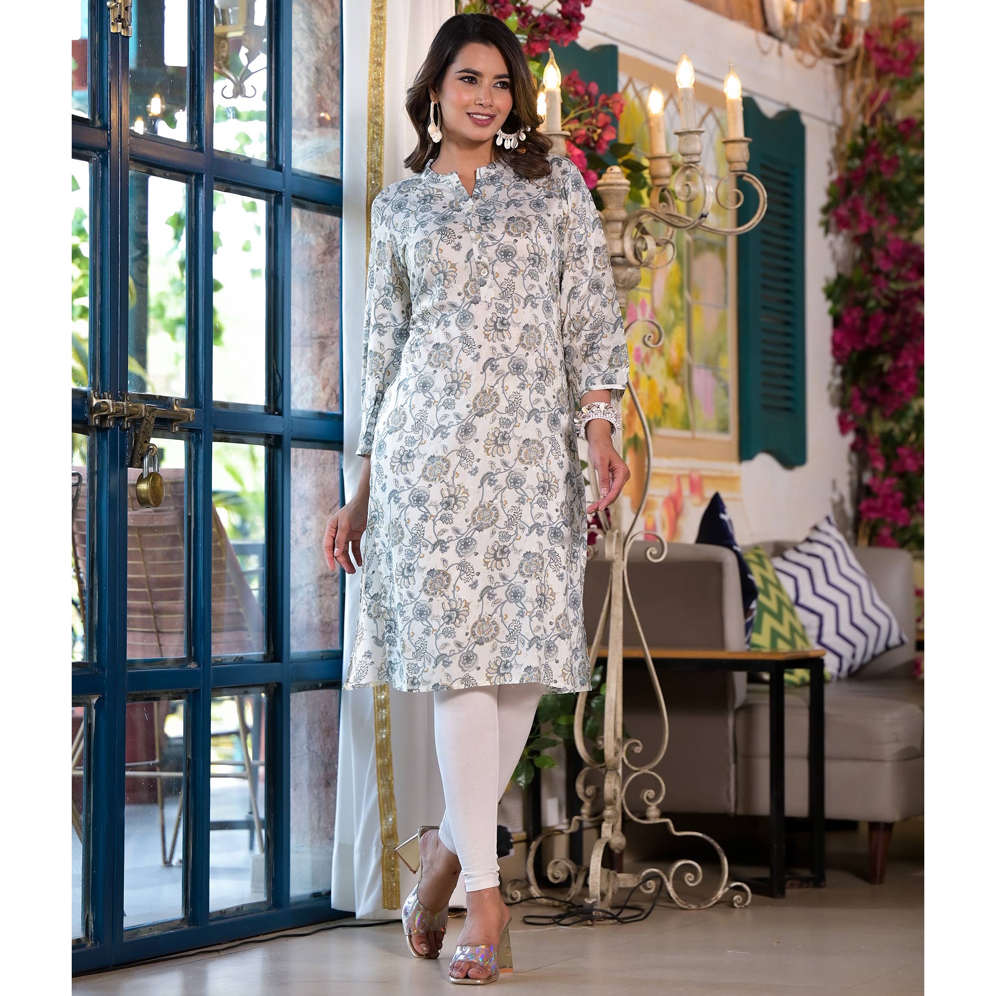 Grey Floral Foil Printed Chanderi Silk Kurti