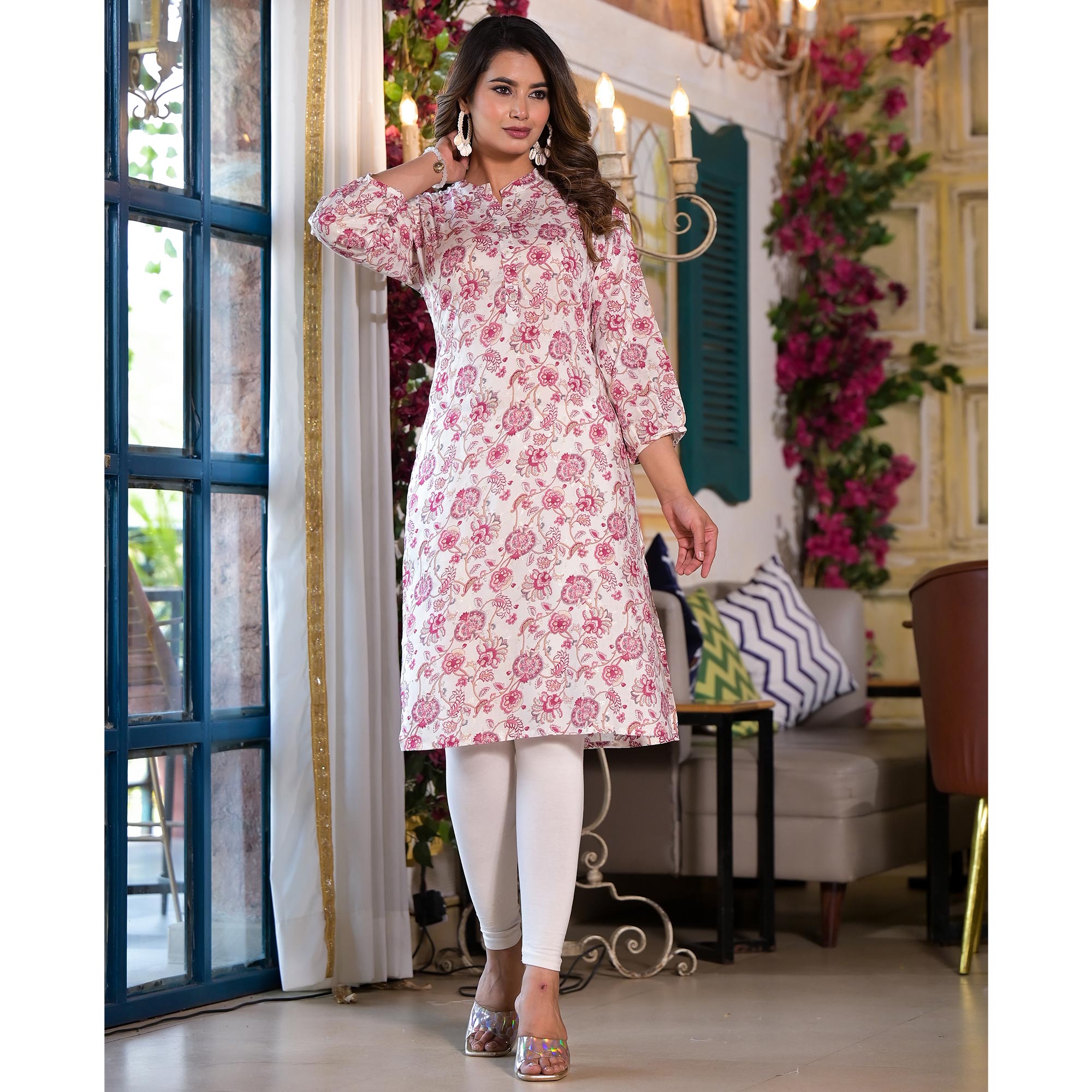 Wine Floral Foil Printed Chanderi Silk Kurti