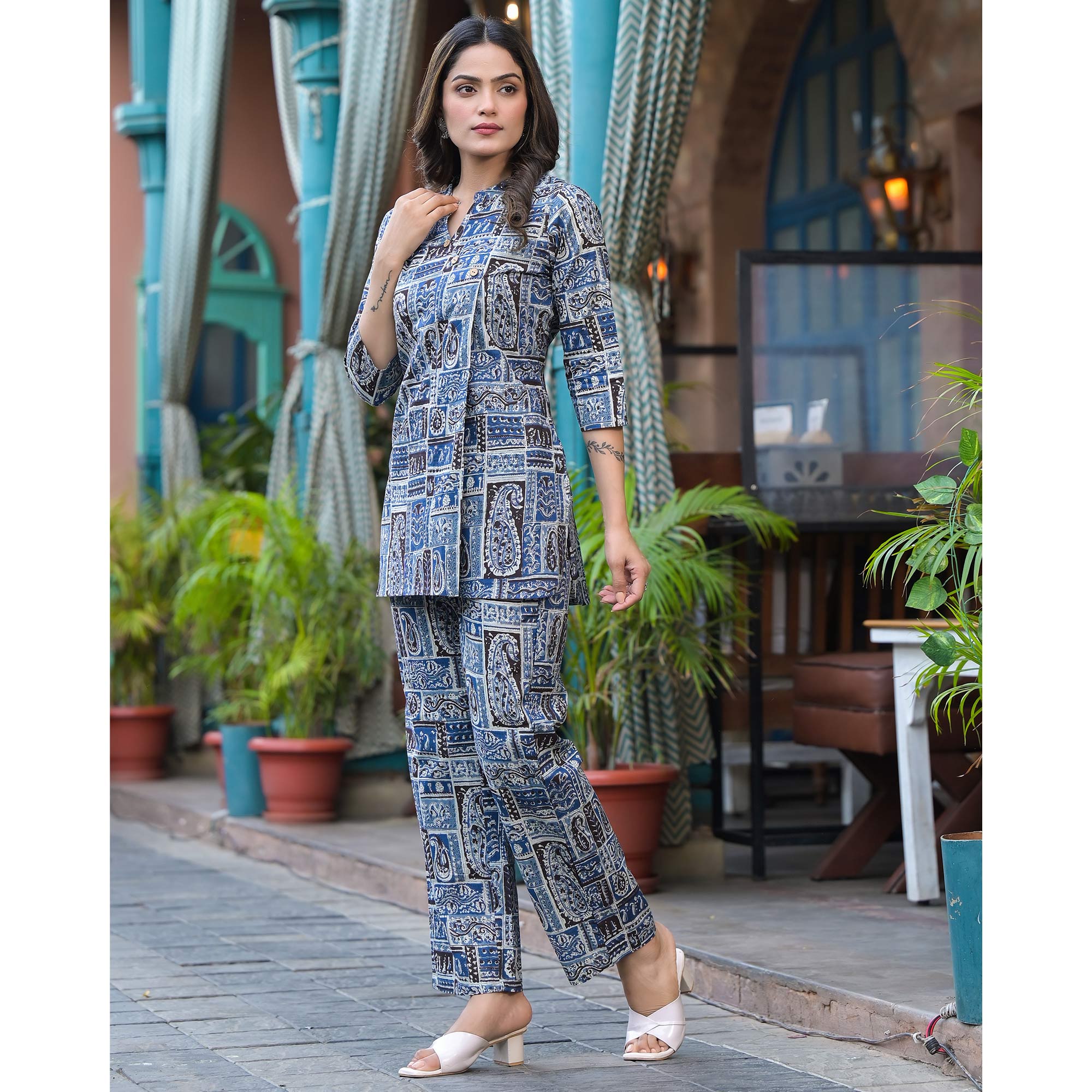 Blue Printed Pure Cotton Angrakha Co-Ord Set