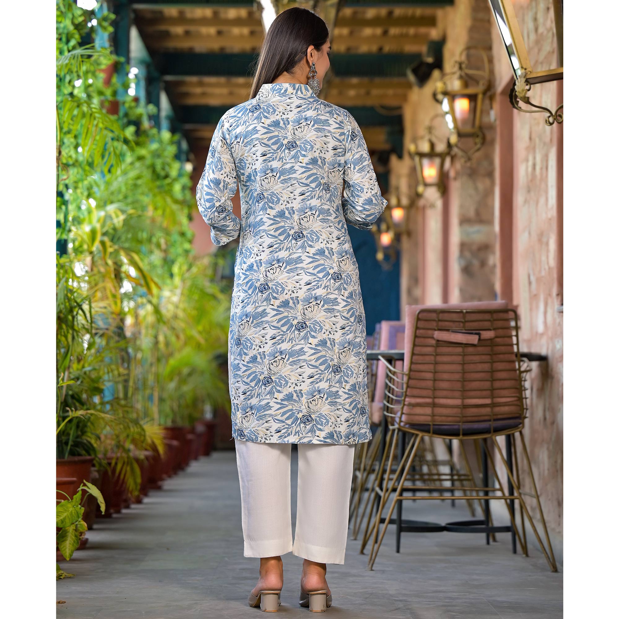 Blue Floral Printed Rayon Kurti