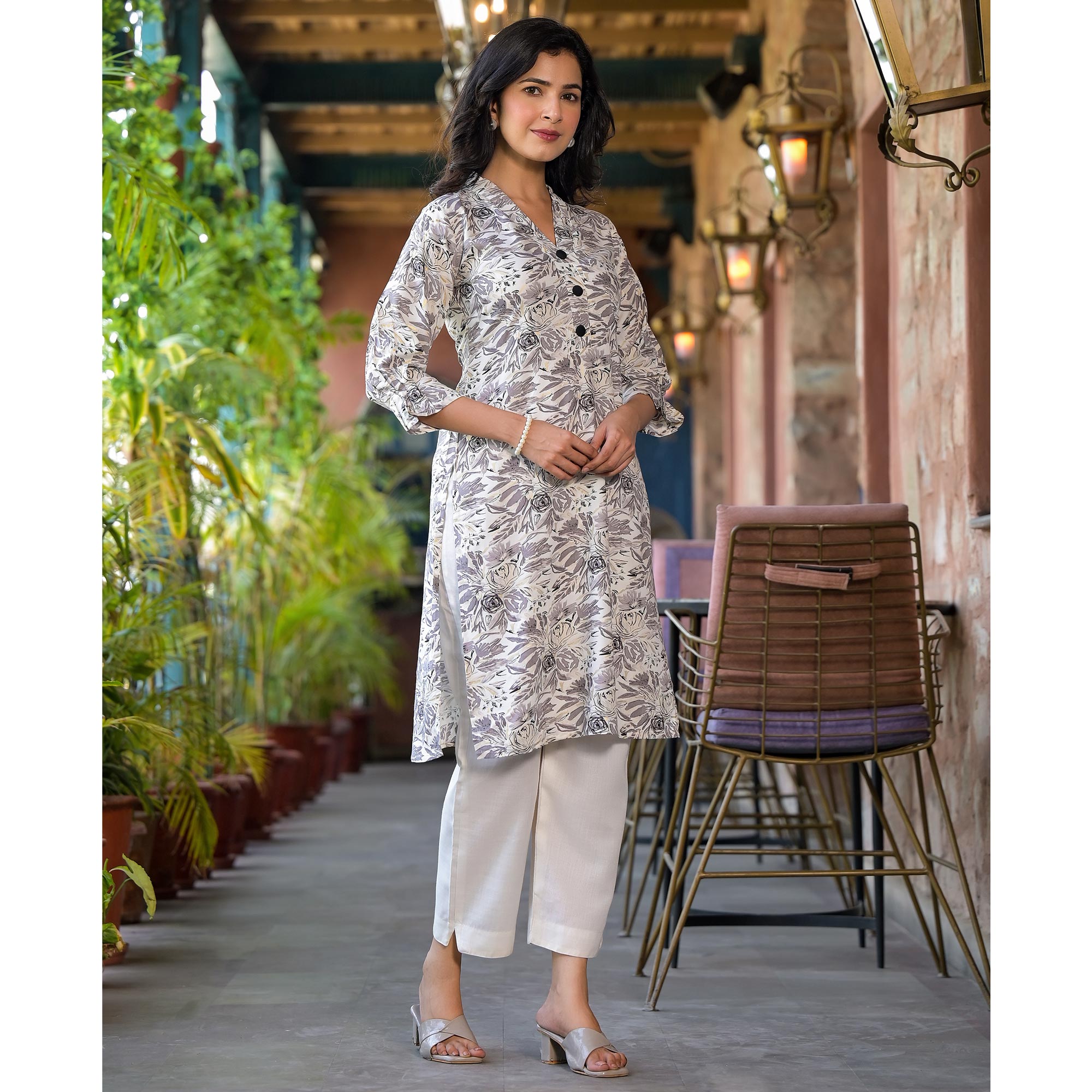 Grey Floral Printed Rayon Kurti