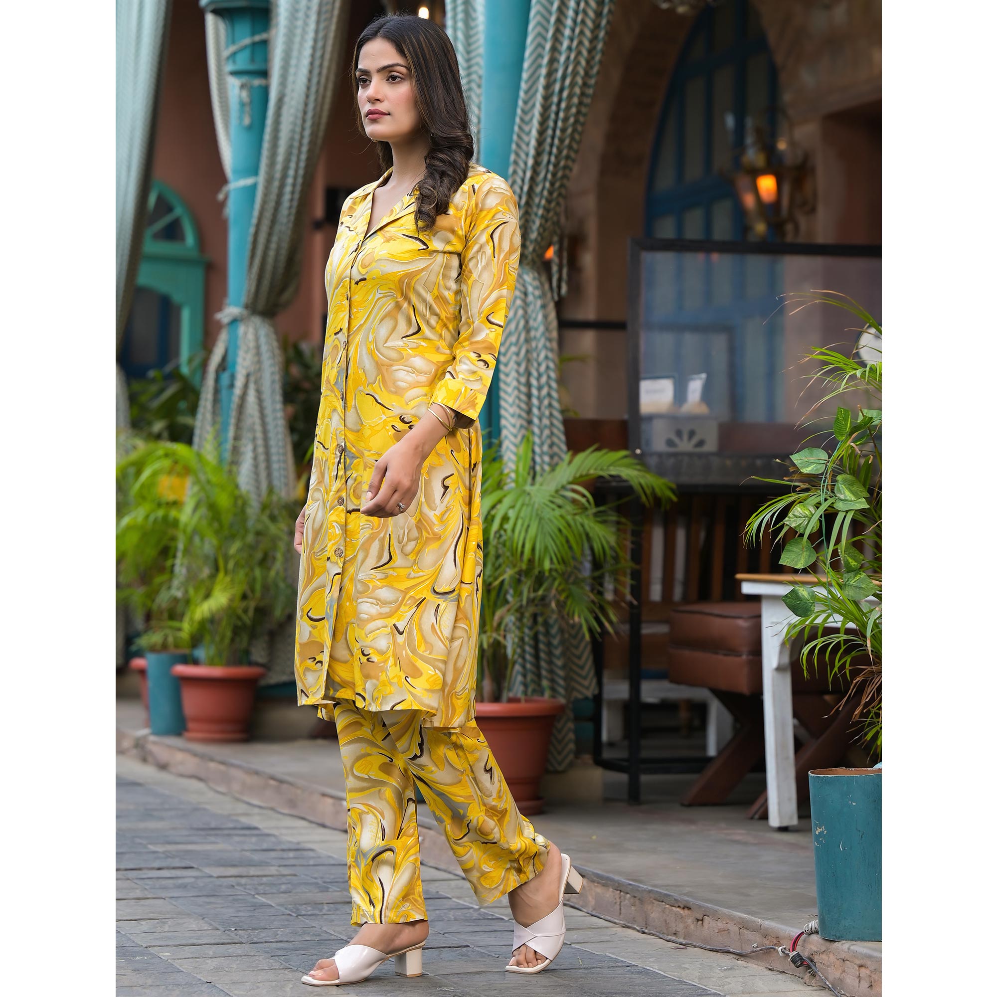 Yellow Foil Printed Rayon Co-Ord Set