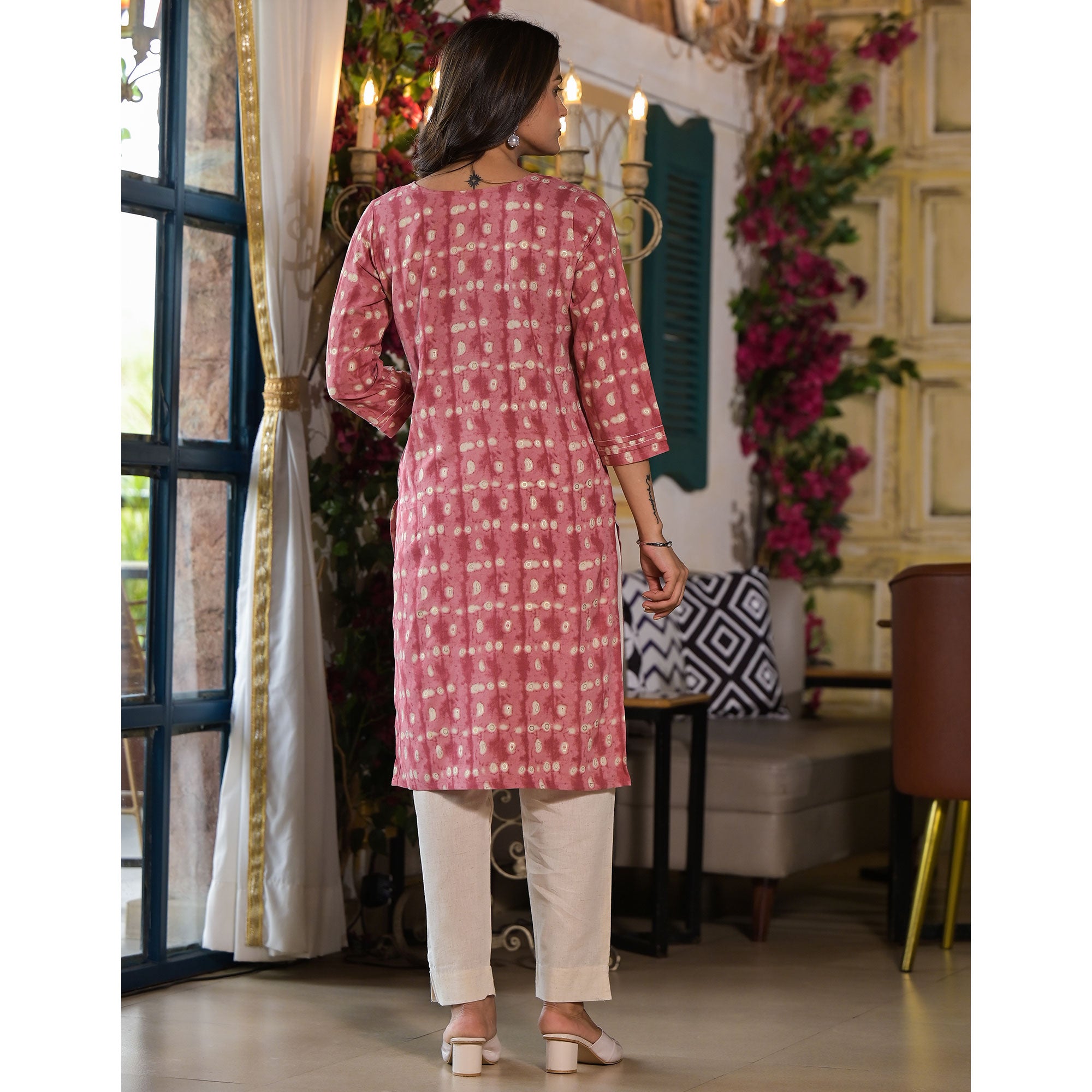 Pink Printed Rayon Straight Kurti