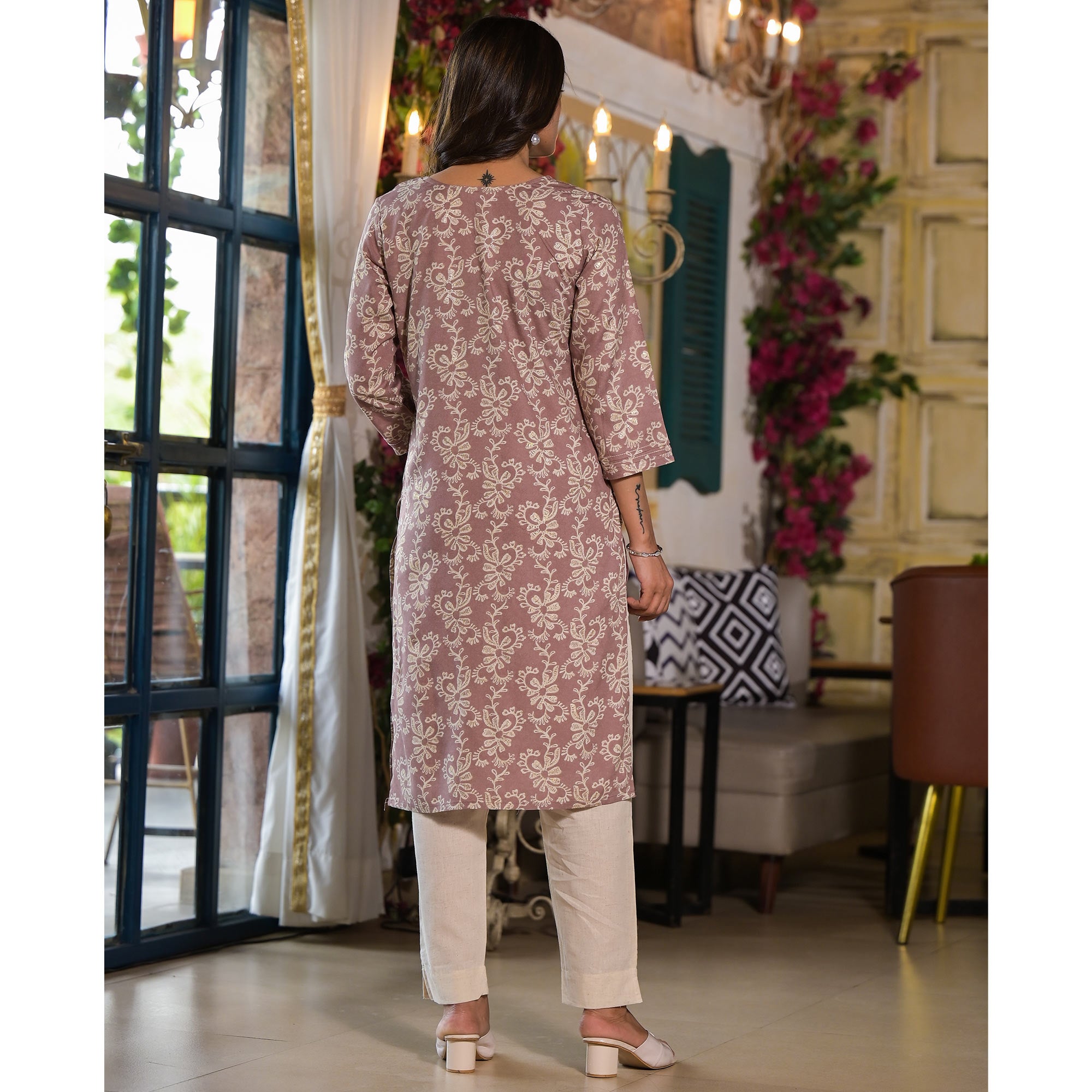 Brown Floral Printed Rayon Straight Kurti