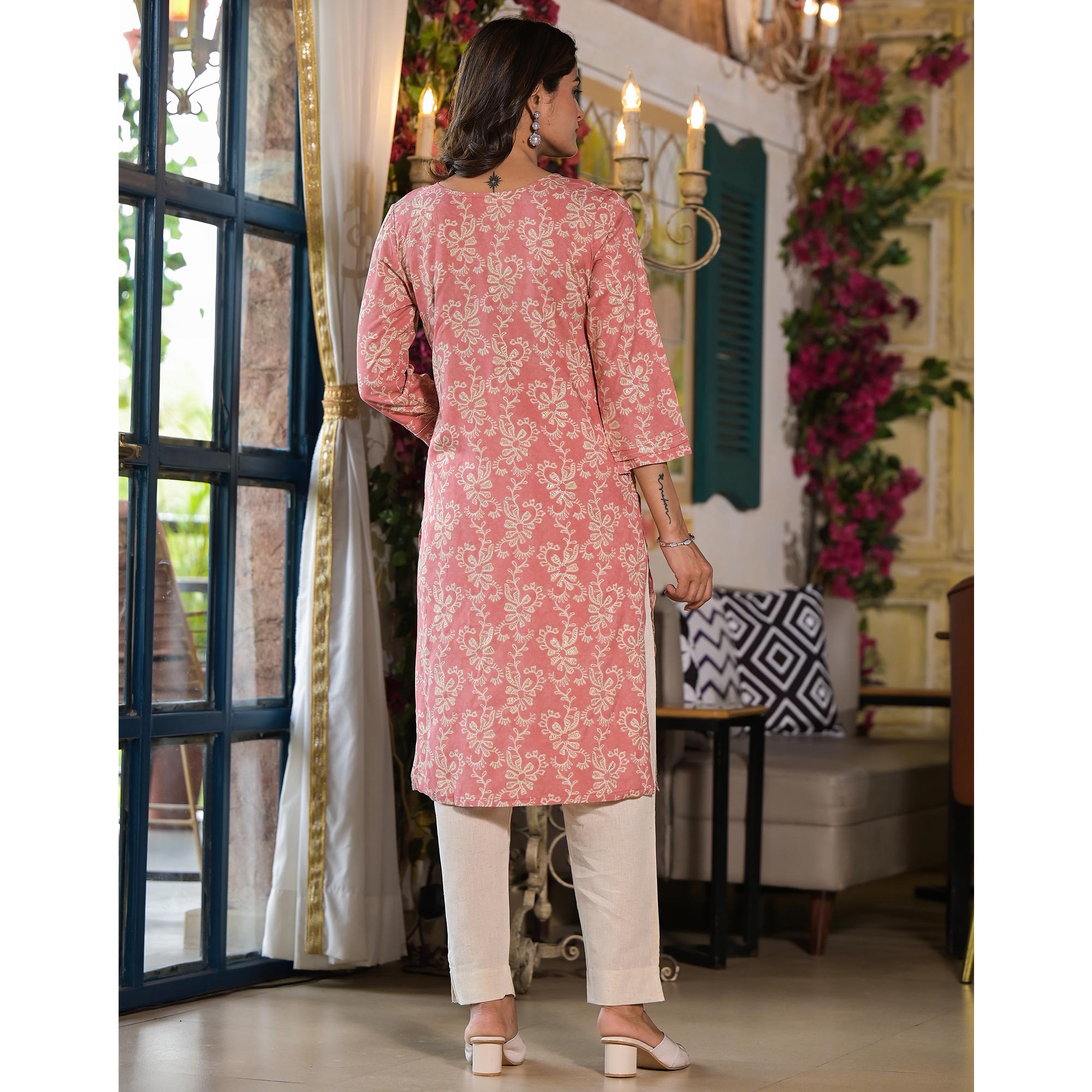 Peach Floral Printed Rayon Straight Kurti