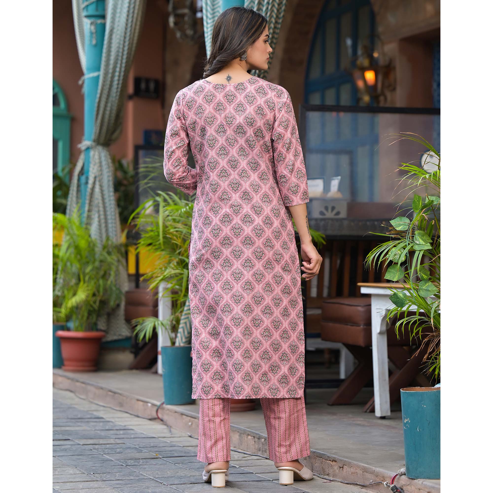 Pink Floral Printed Pure Cotton Kurti Set