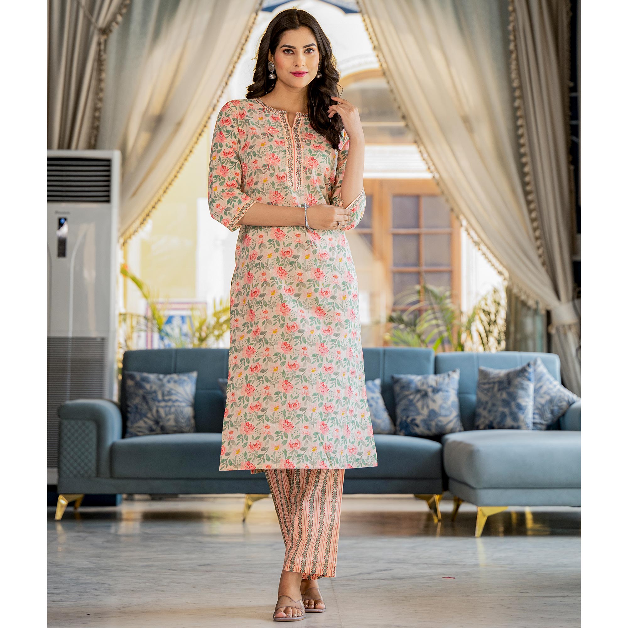 Peach Floral Printed Pure Cotton Salwar Suit