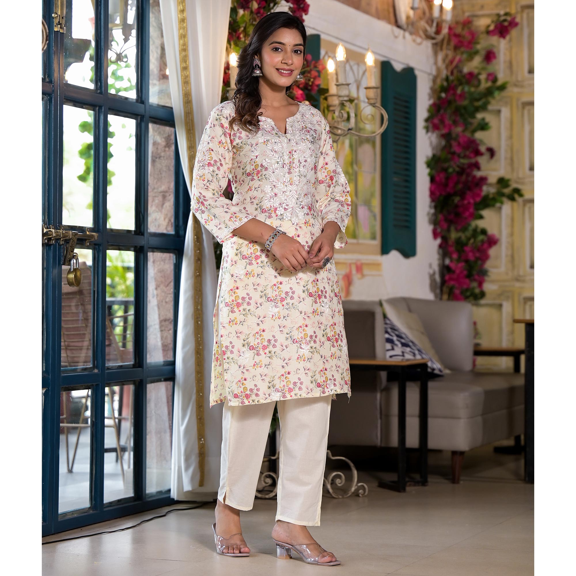 Yellow & Pink Embroidered Rayon Straight Kurti