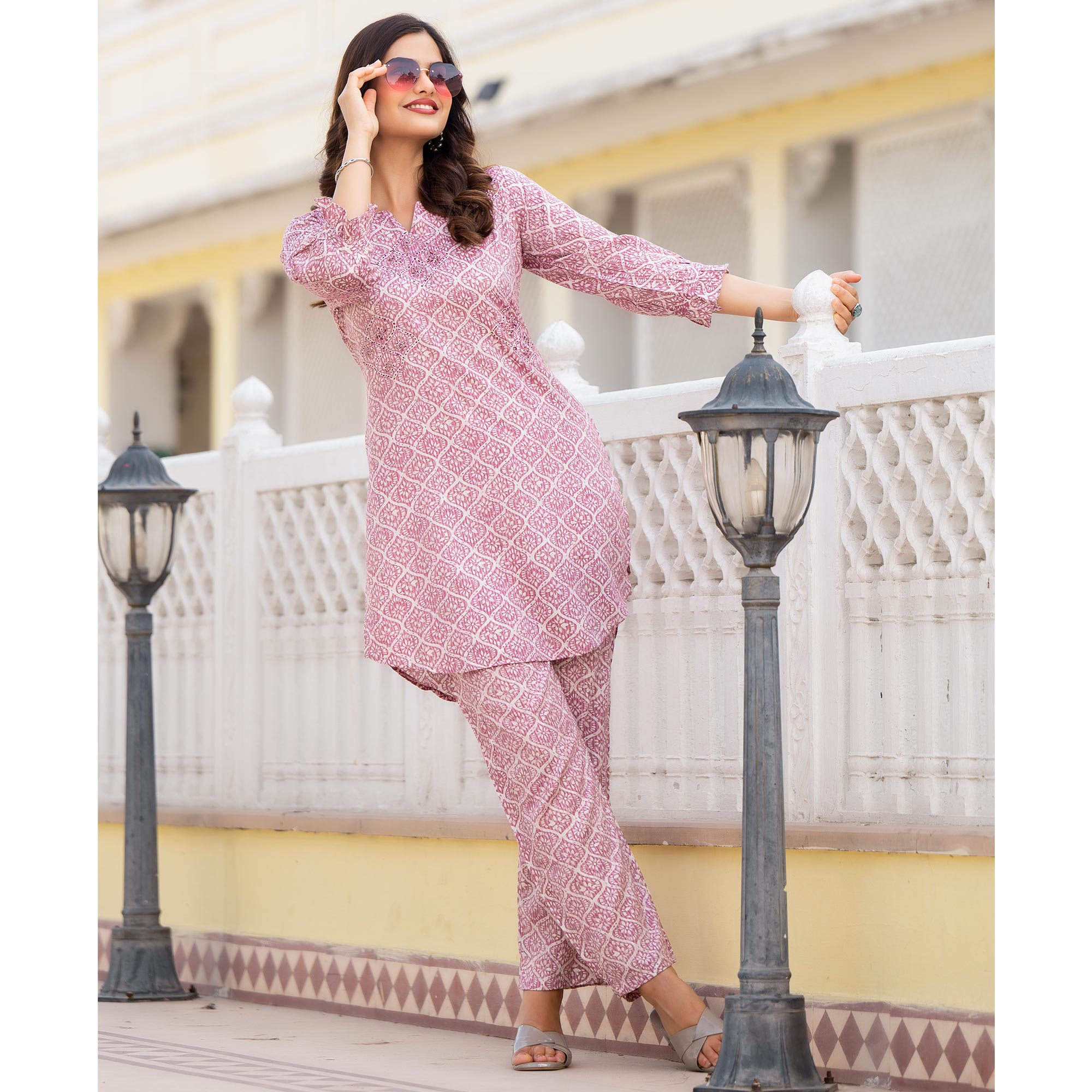 Pale Purple Floral Printed Rayon Co-Ord Set