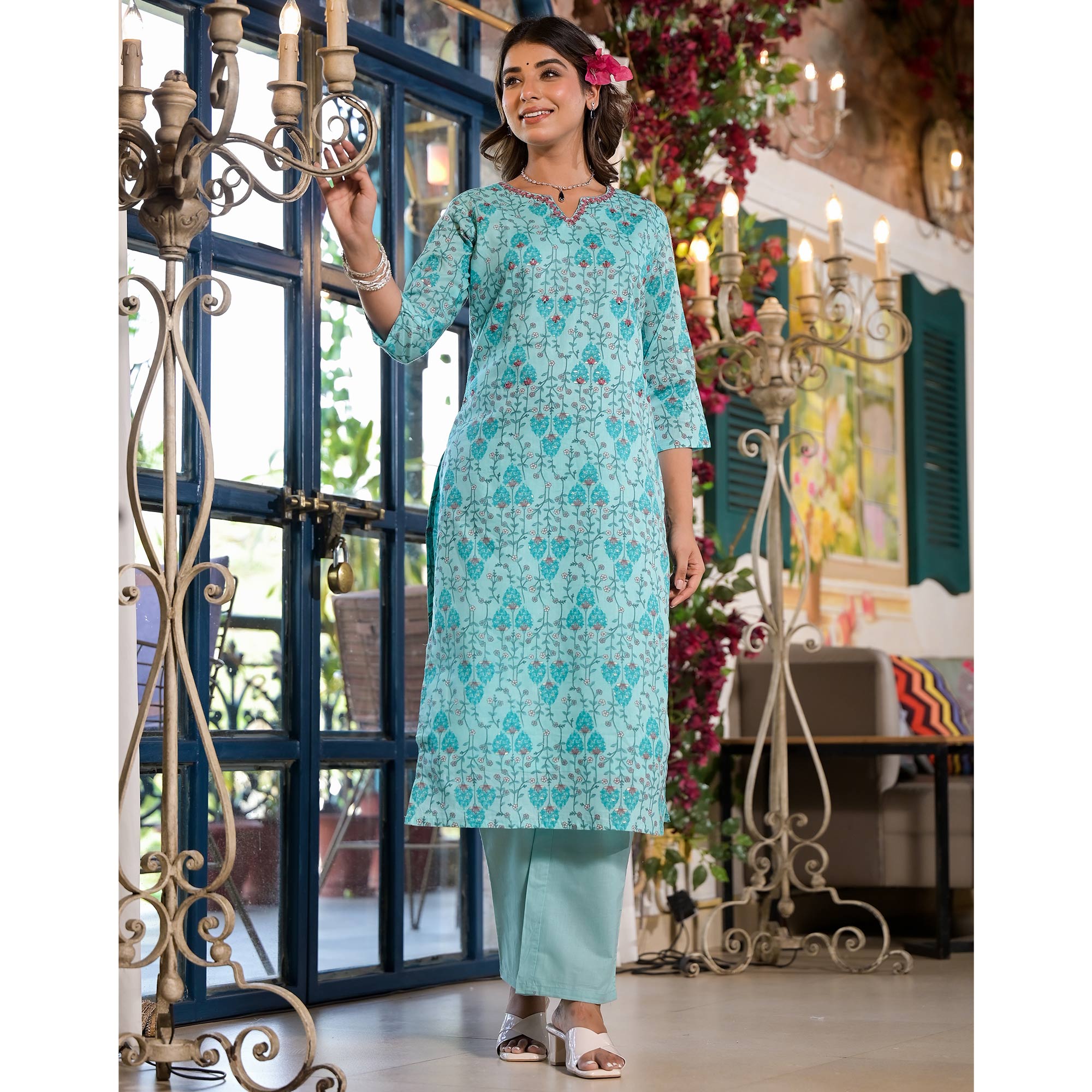 Sky Blue Floral Printed Mulmul Cotton Straight Salwar Suit