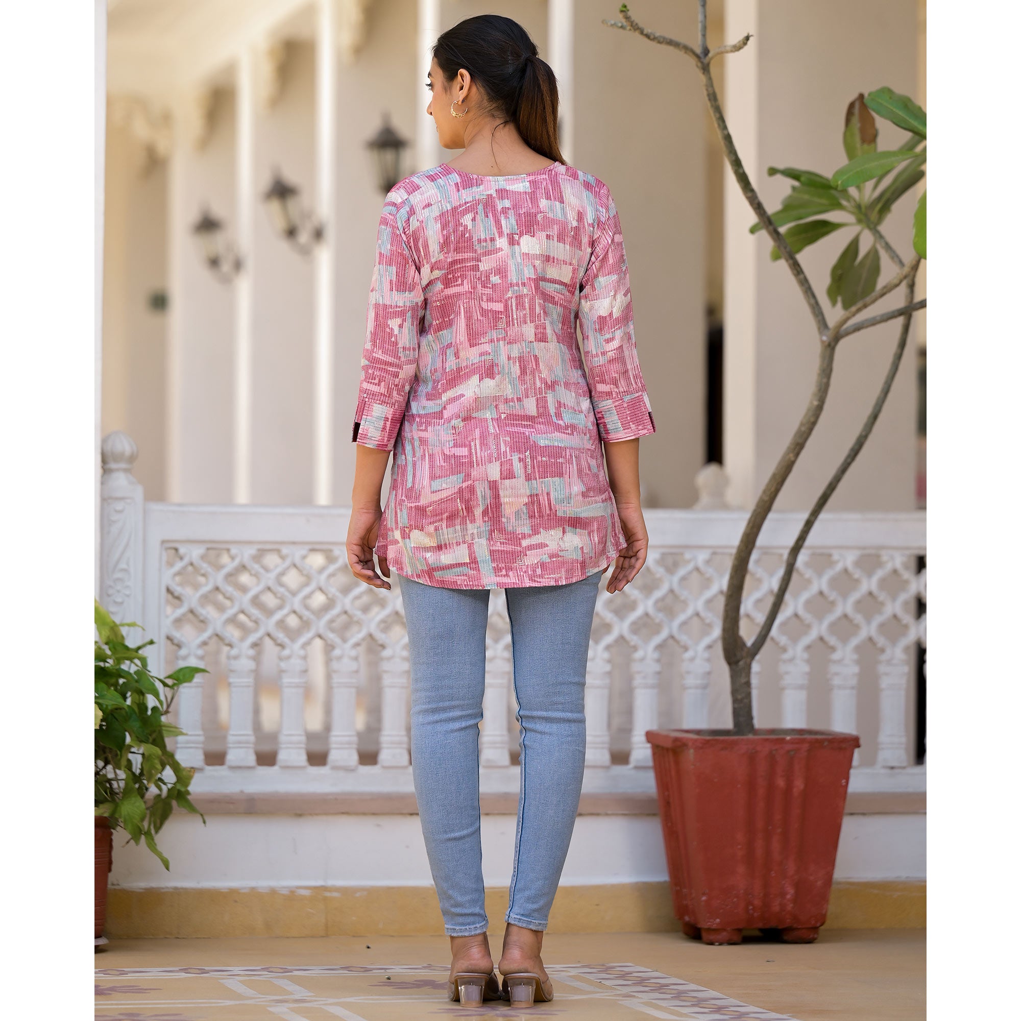 Pink Printed Rayon A-Line Top