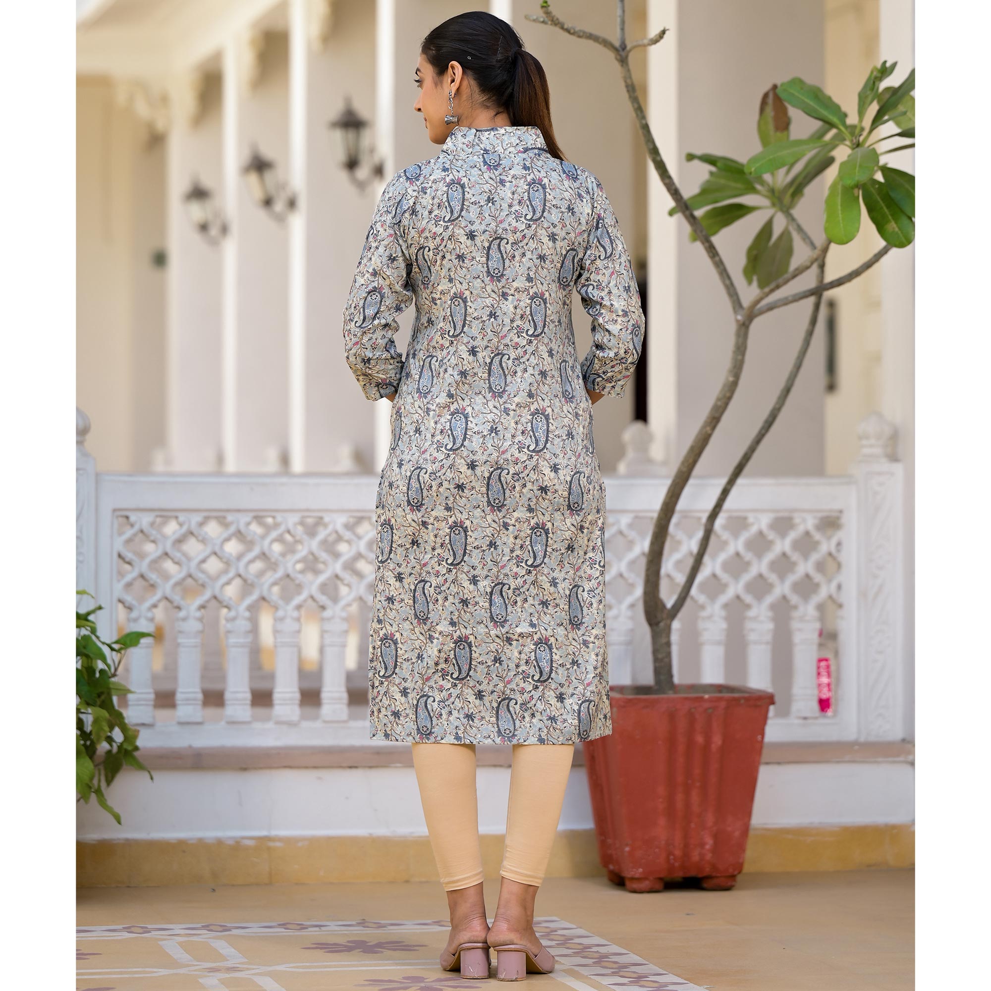 Blue Floral Printed Rayon Straight Kurti