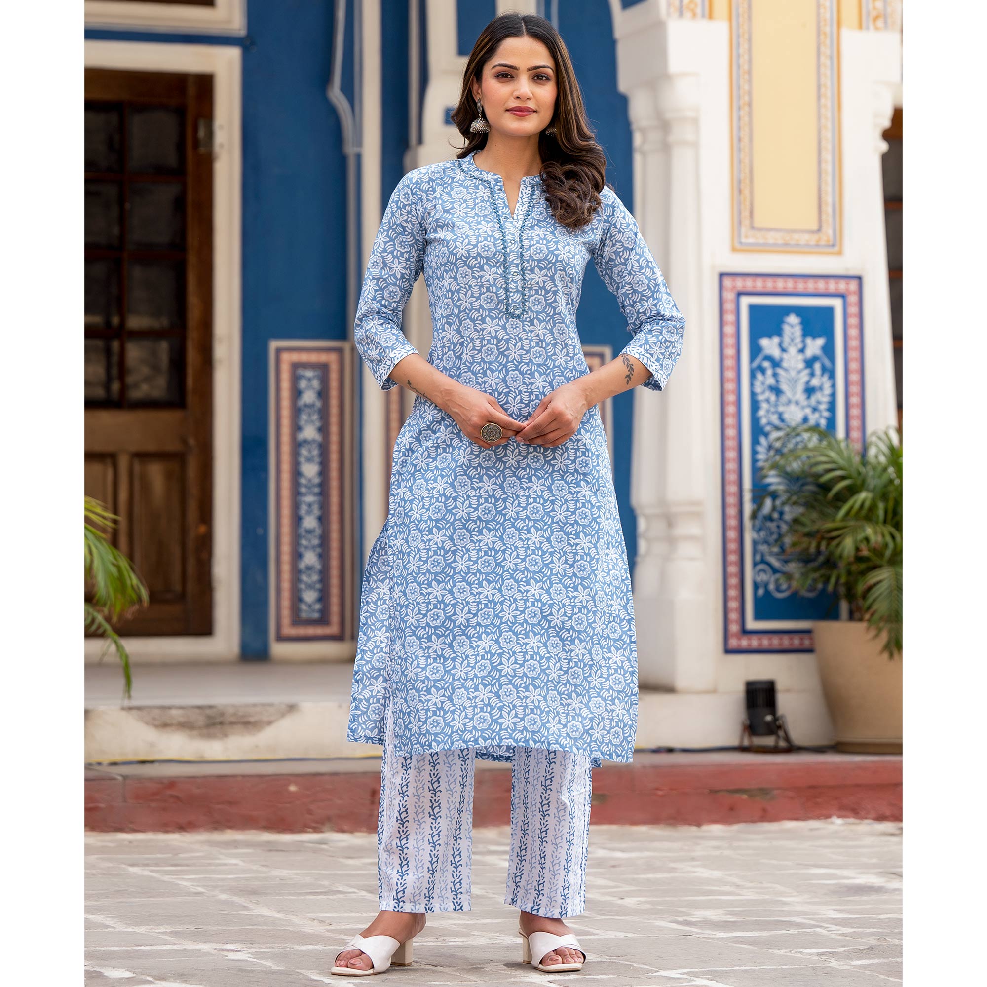 Blue Floral Printed Pure Cotton Salwar Suit