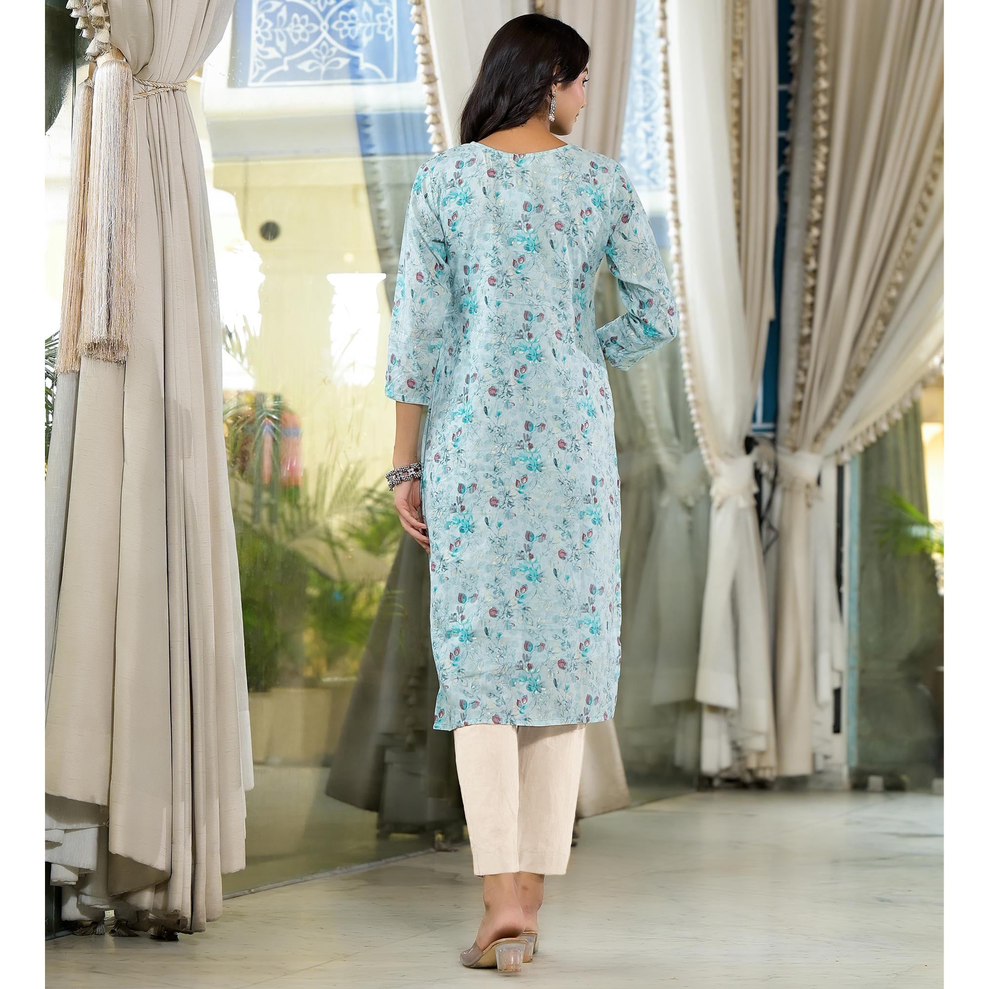 Blue Floral Printed Mul Mul Cotton Straight Kurti