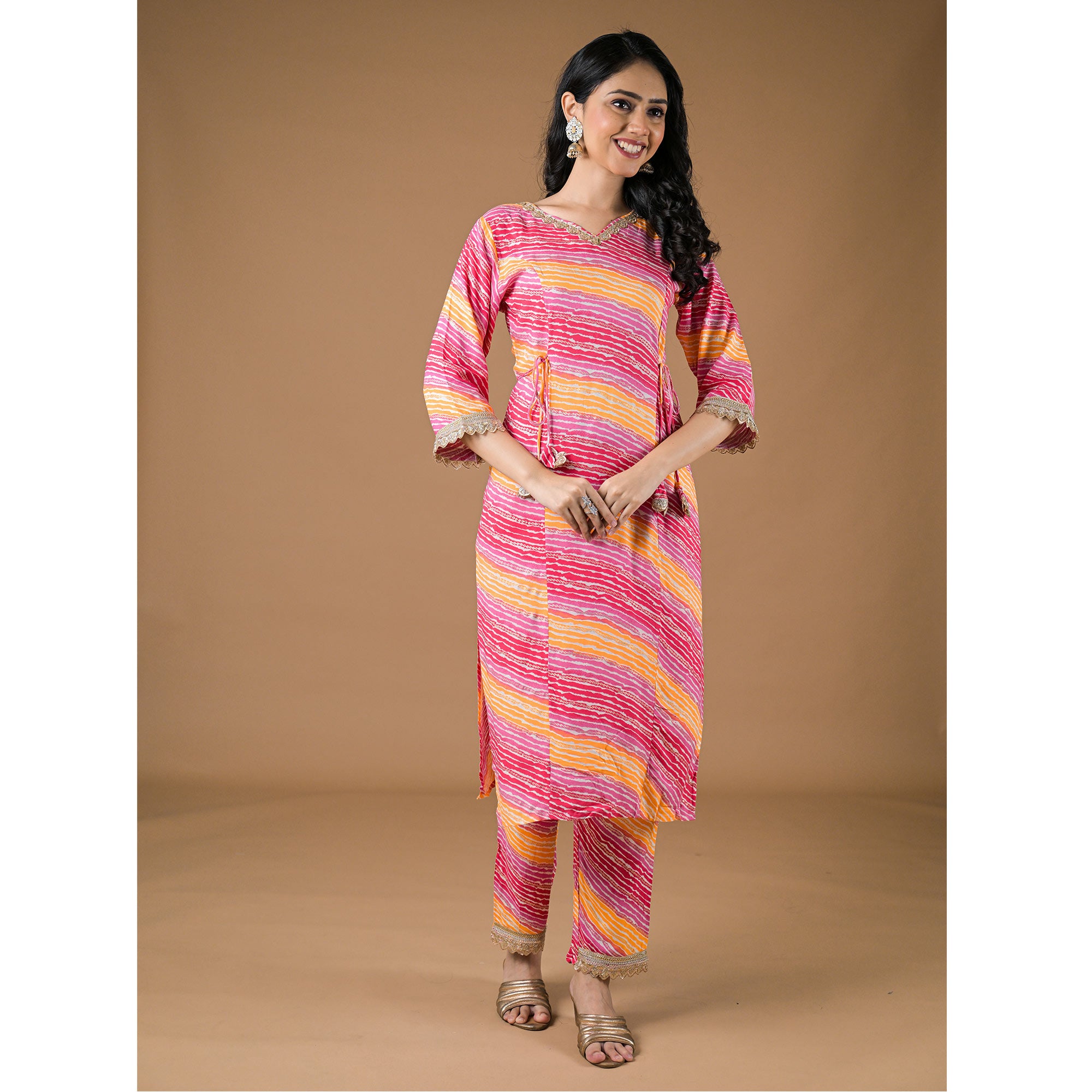 Pink Leheriya Printed Rayon A-line Salwar Suit