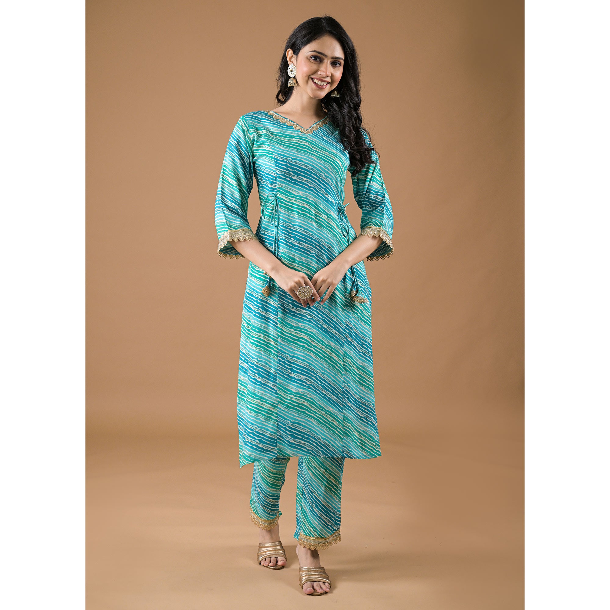 Turquoise Leheriya Printed Rayon A-line Salwar Suit