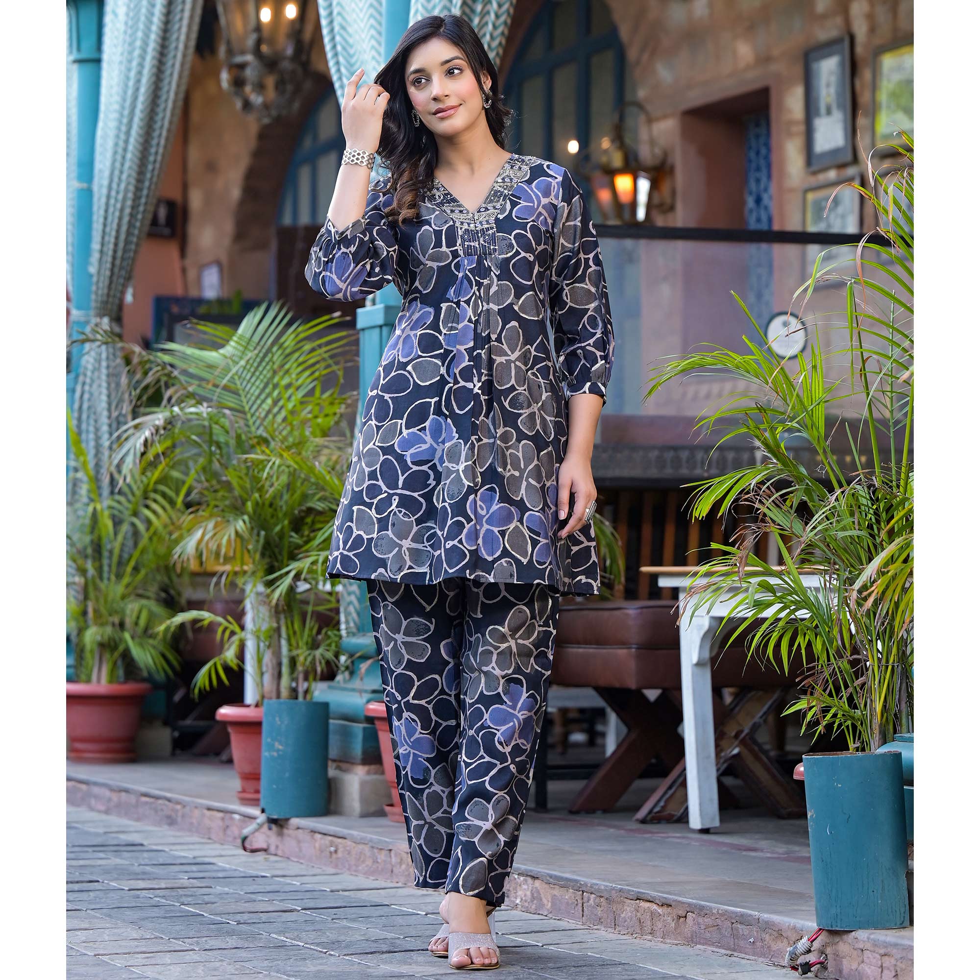 Denim Blue Floral Printed Chanderi Silk Co-Ord Set