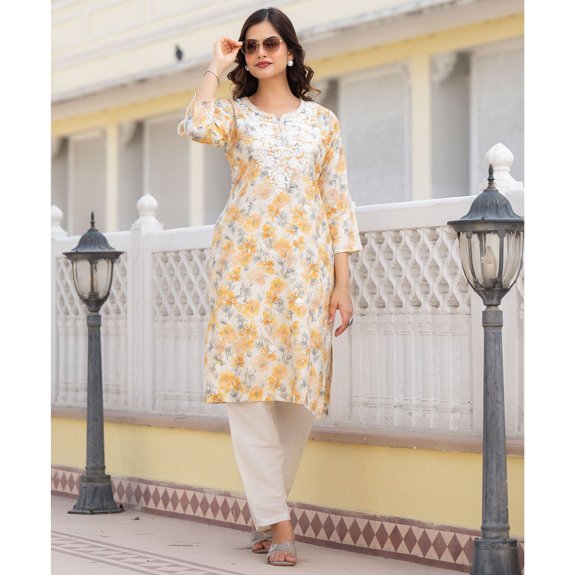 Cream & Mustard Floral Printed Rayon Straight Kurti