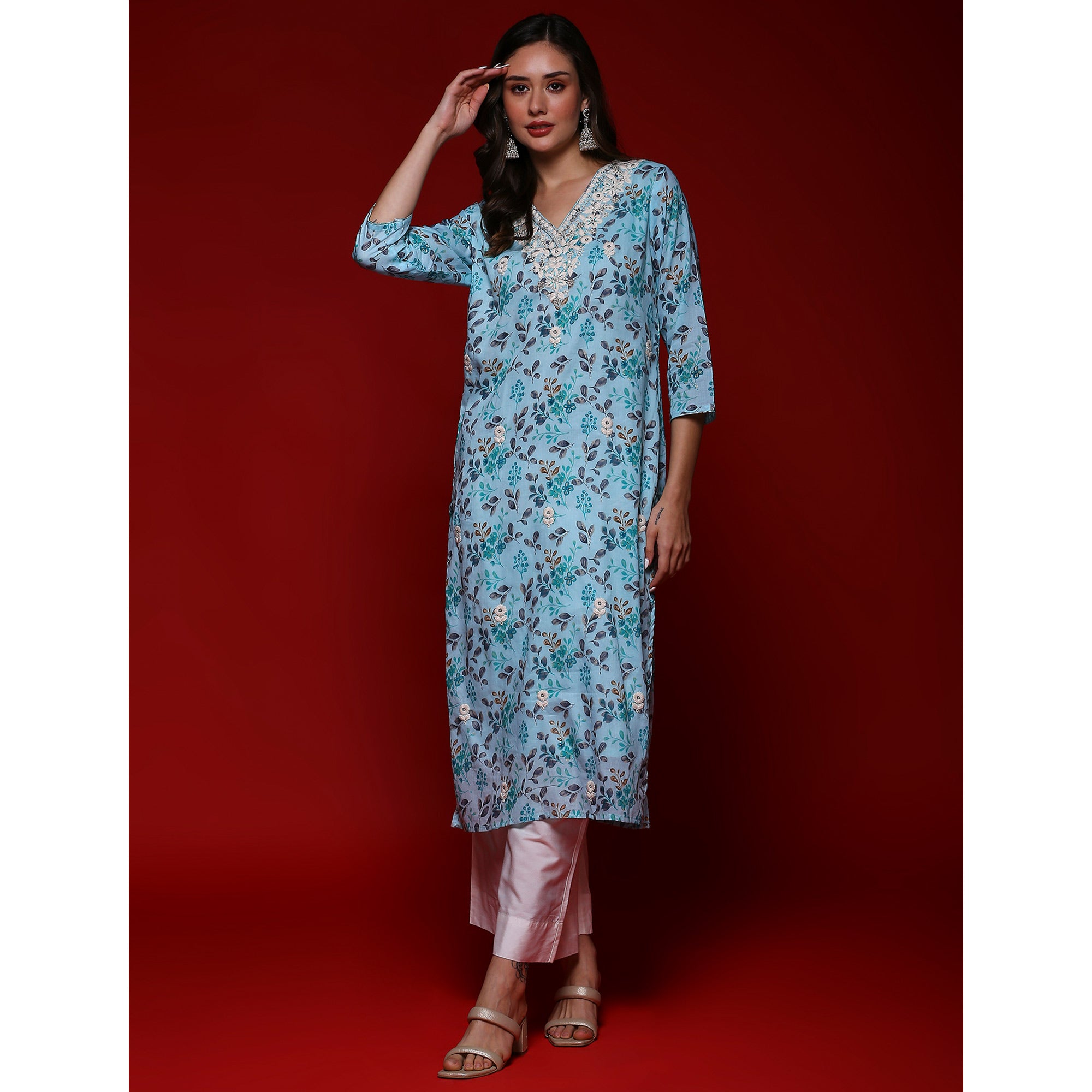 Sky Blue Floral Printed Mulmul Cotton Straight Kurti