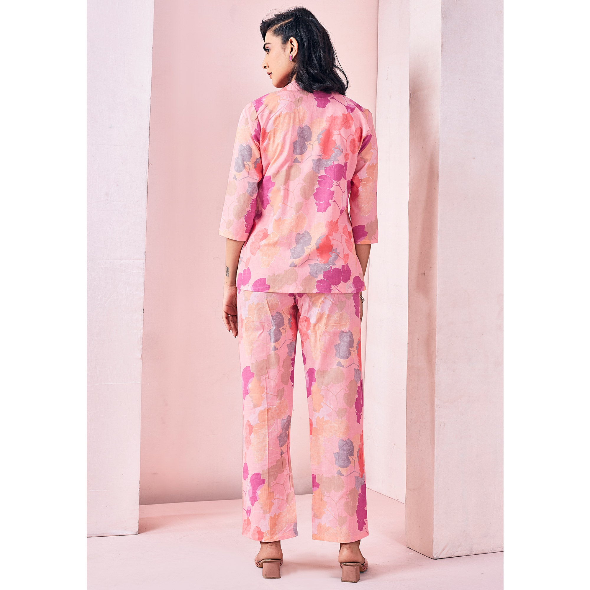 Peach Floral Printed Pure Cotton Co-ord Set With Jacket