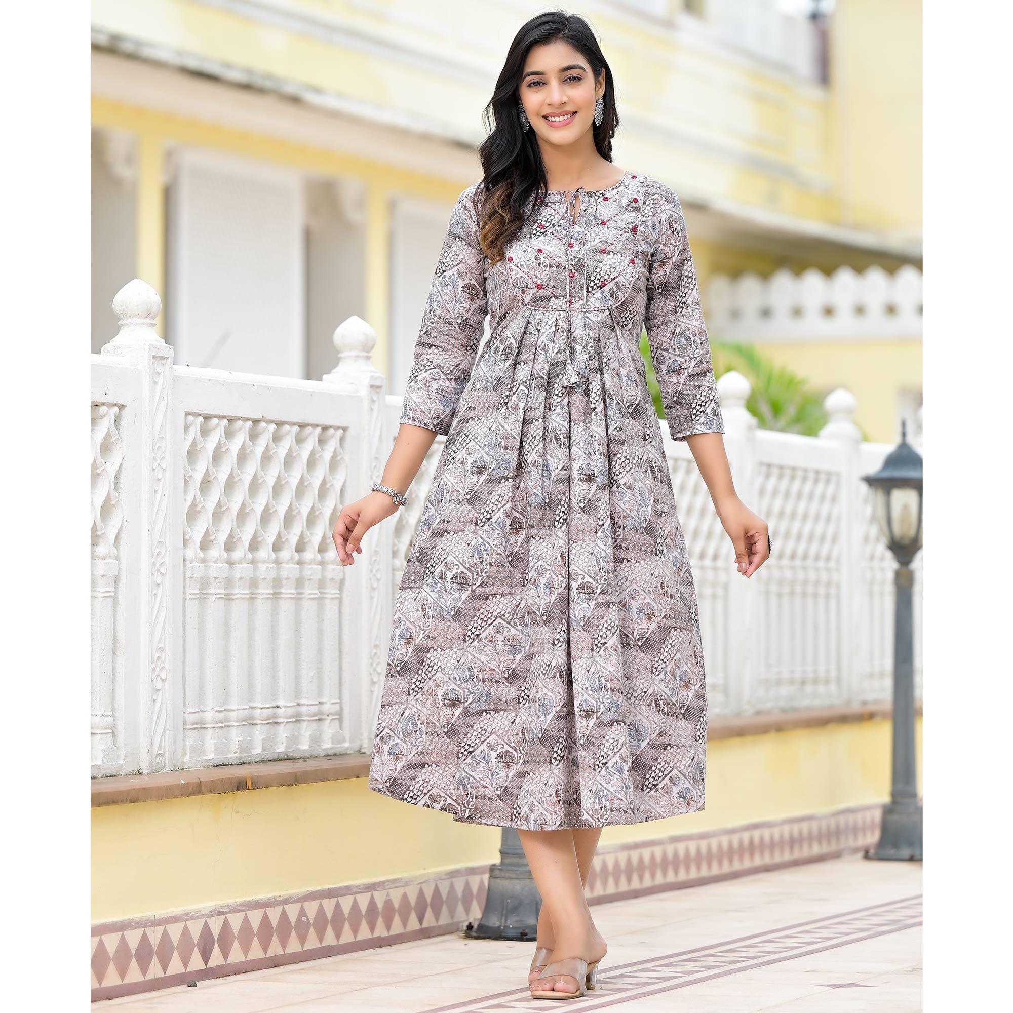 Grey Floral Printed Pure Cotton A-Line Dress