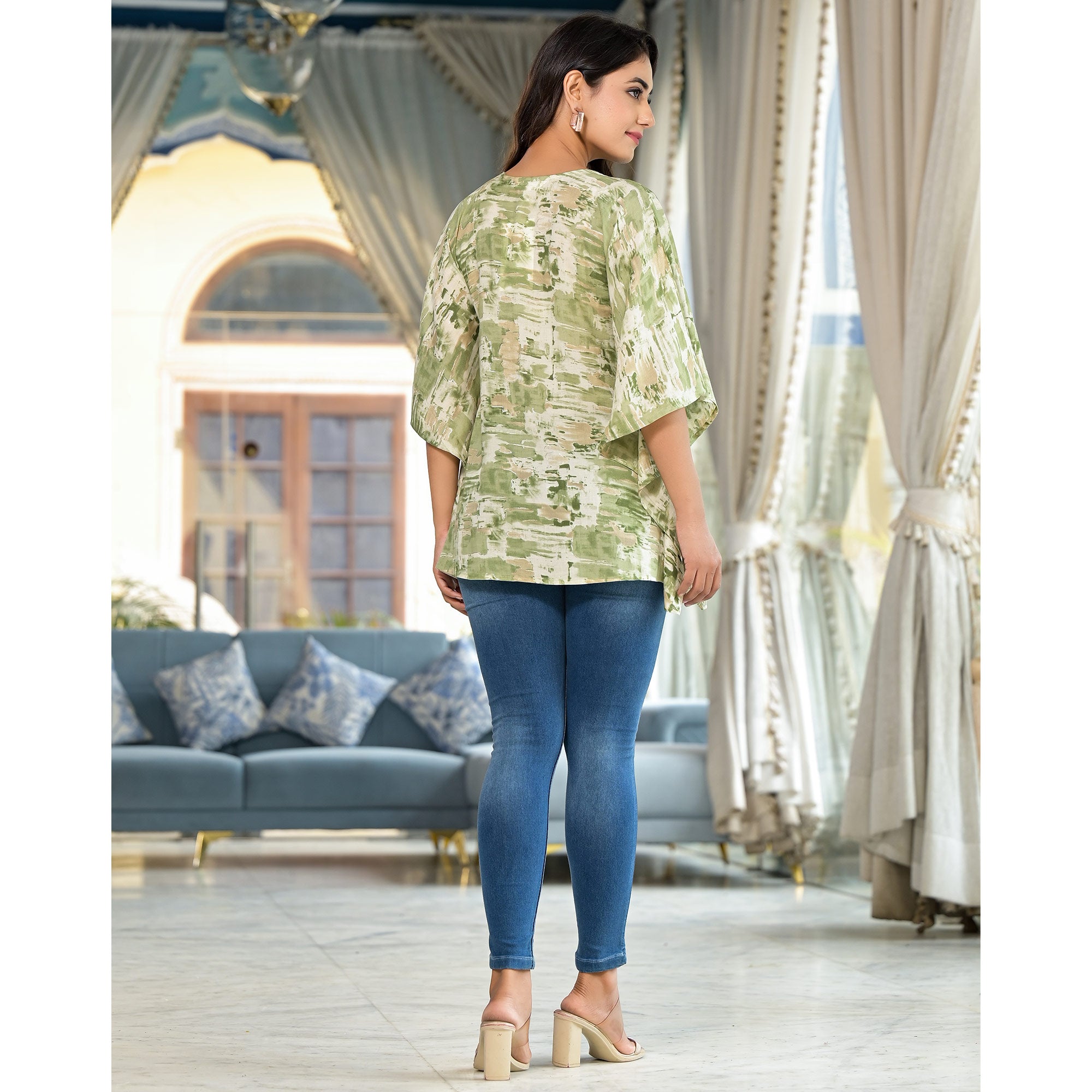 Olive Foil Printed Chanderi Silk Kaftan Top