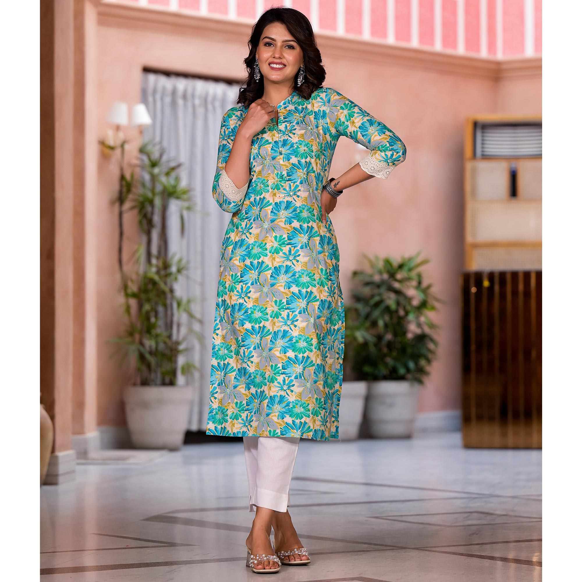 Blue Floral Printed Pure Cotton Straight Kurti