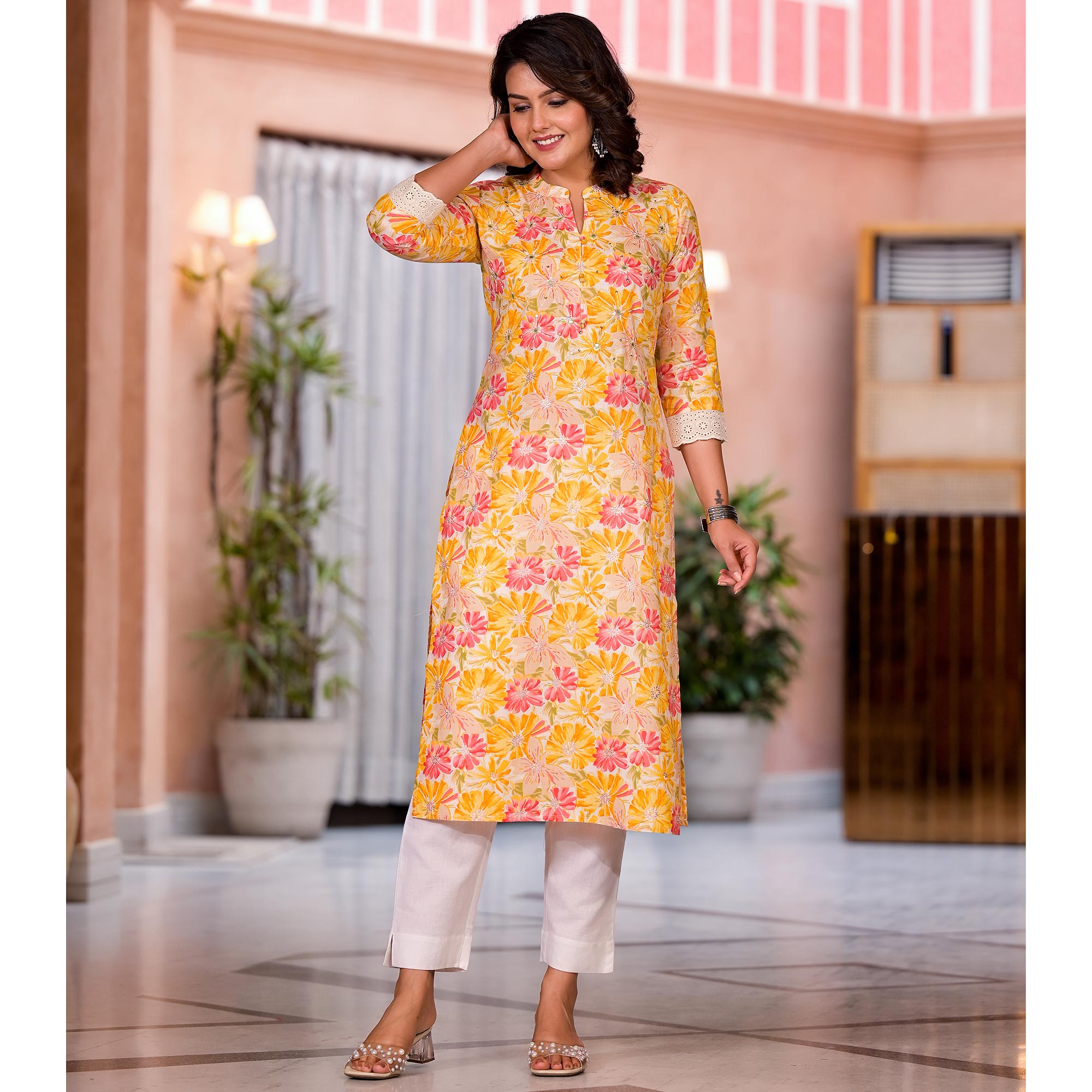 Yellow Floral Printed Pure Cotton Straight Kurti