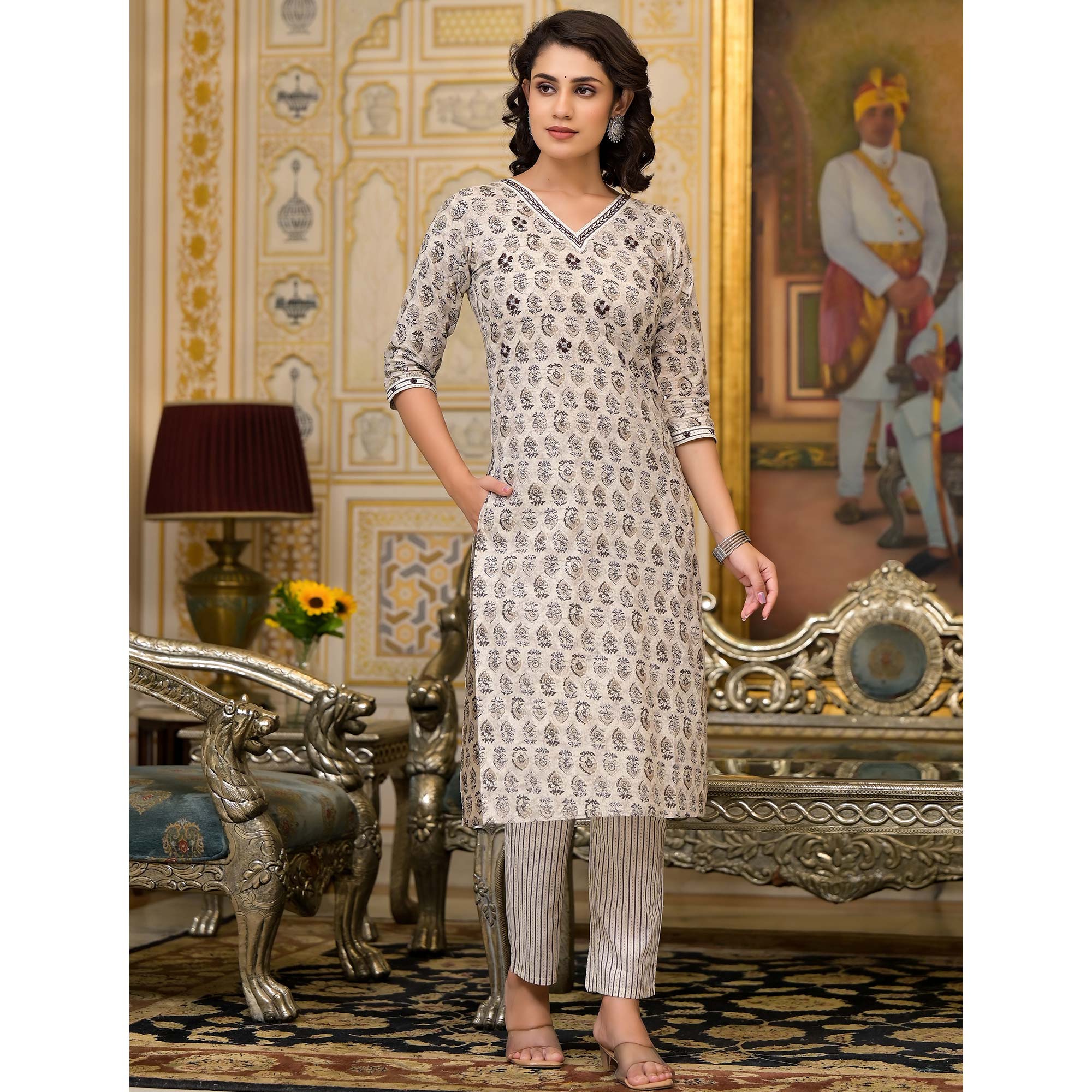 Dark Grey Floral Printed Pure Cotton Straight Salwar Suit