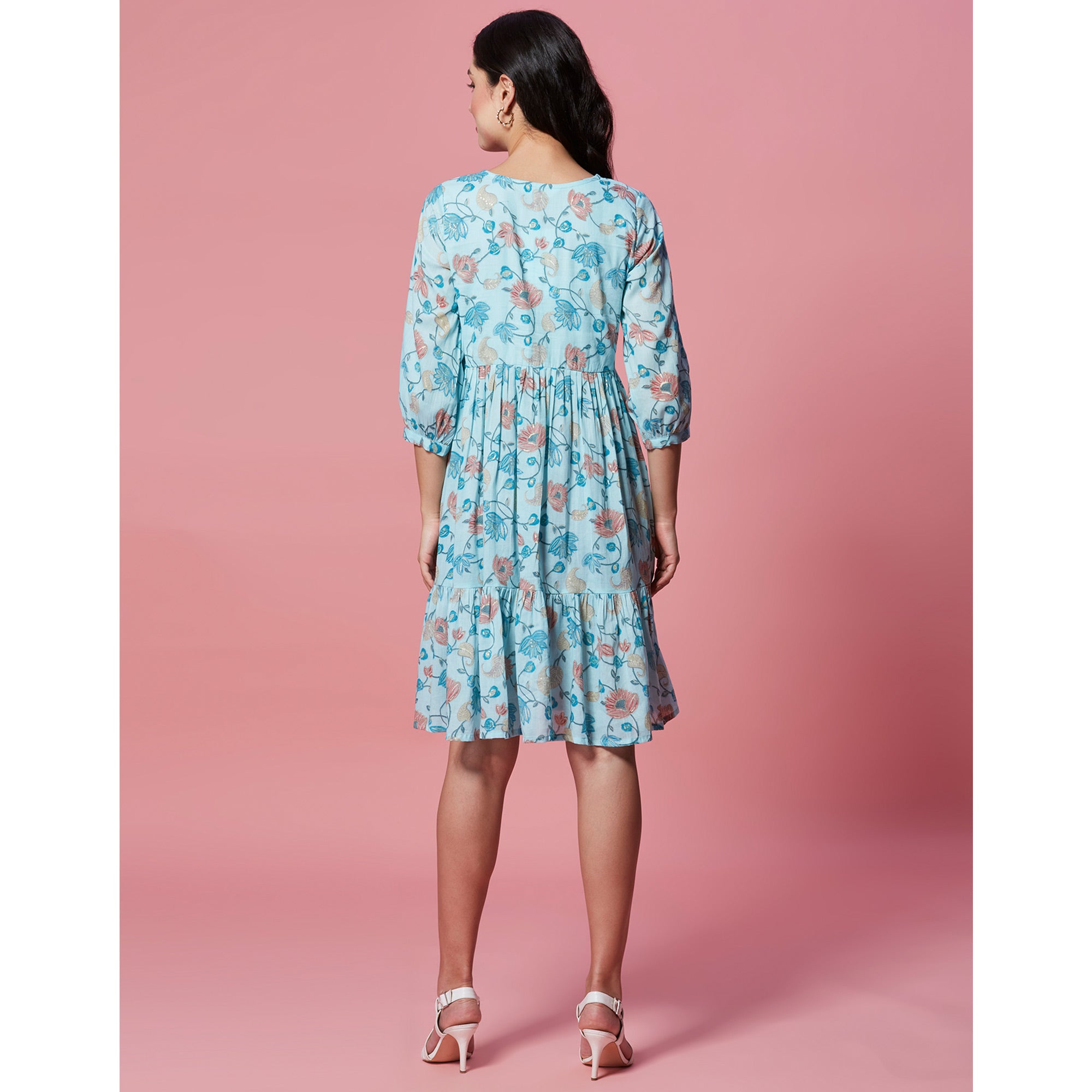 Turquoise Floral Printed Pure Cotton Dress