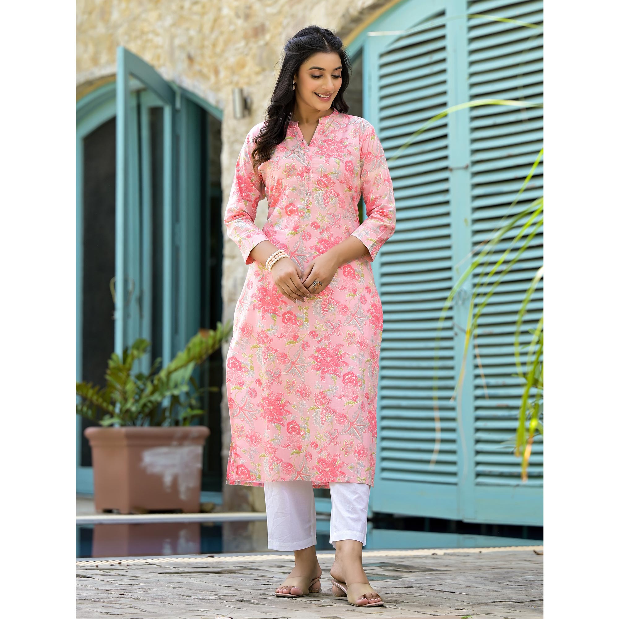 Peach Floral Printed Pure Cotton Straight Kurti