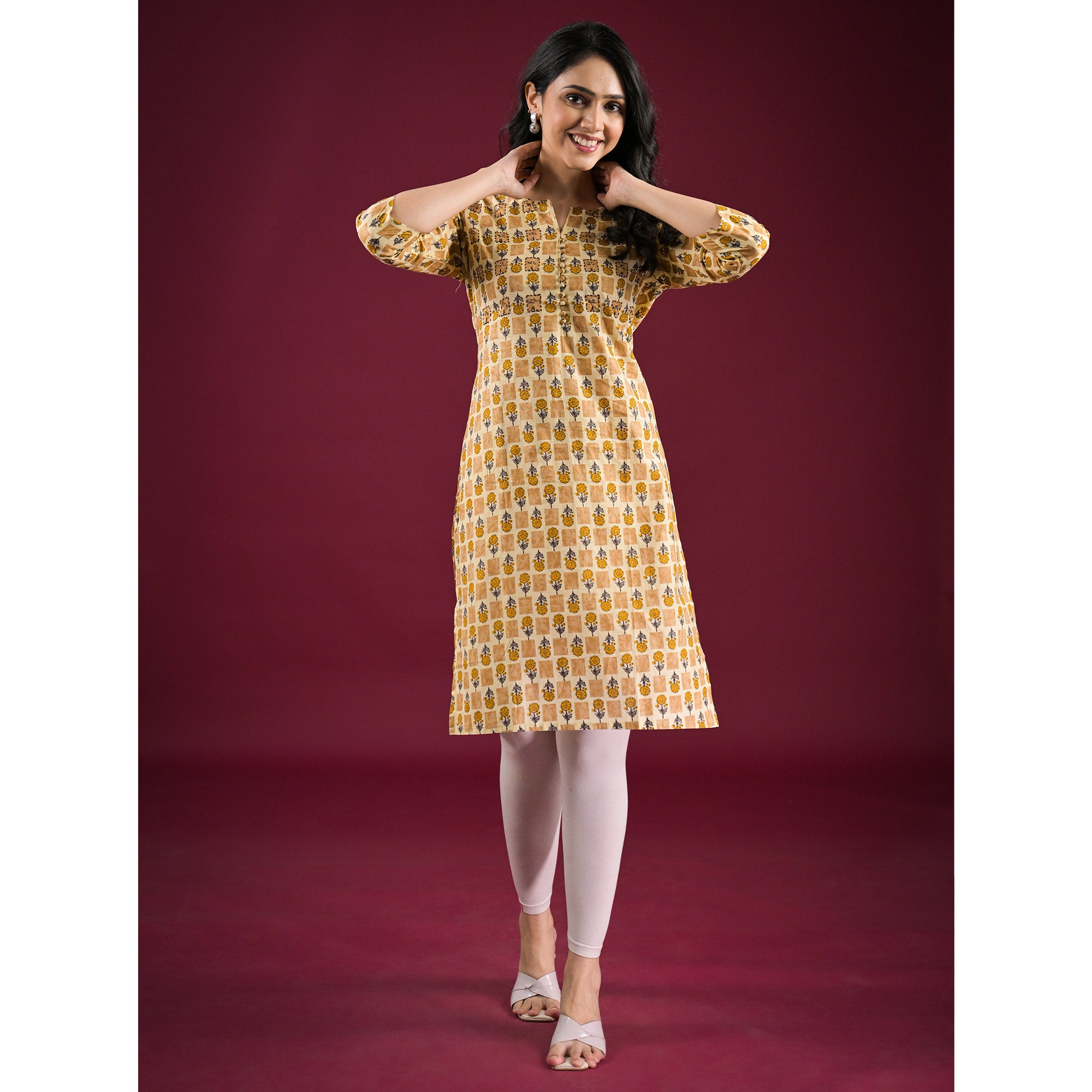 Mustard Floral Printed Pure Cotton Straight Kurti