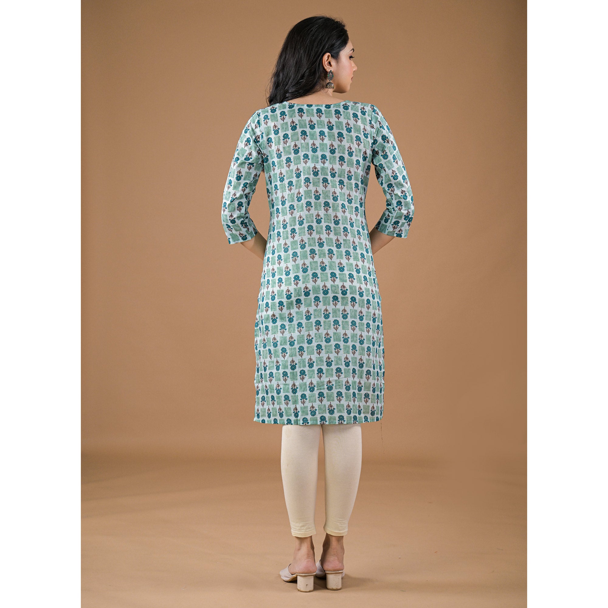 Sea Green Floral Printed Pure Cotton Straight Kurti