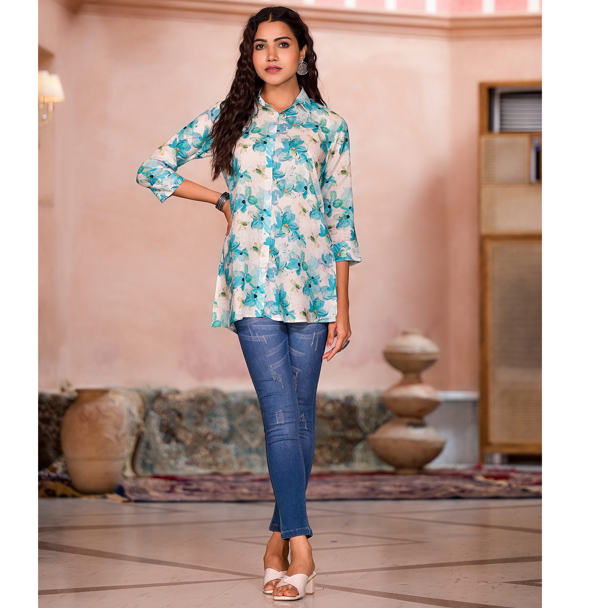 Turquoise Floral Printed Muslin Top