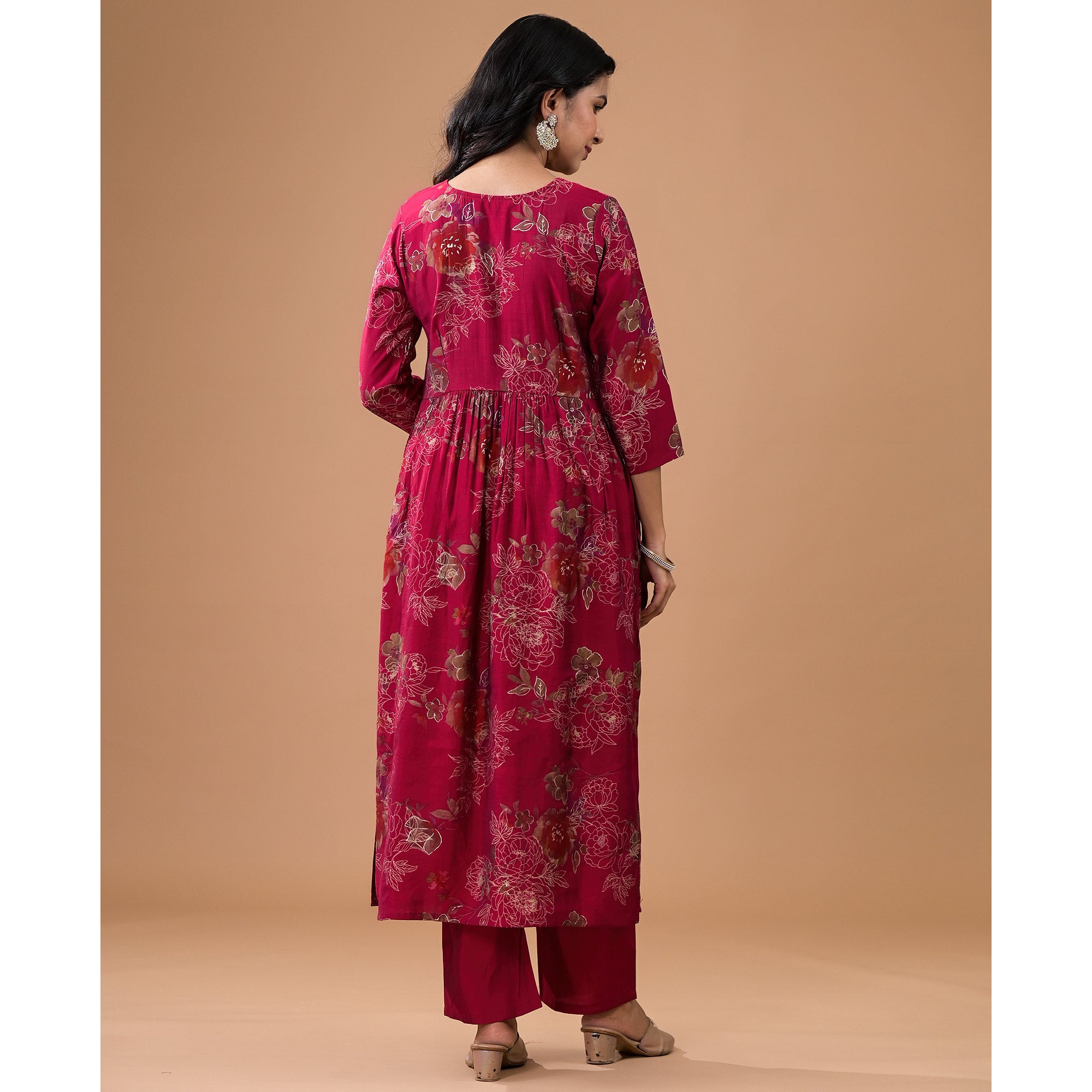 Rani Pink Floral Foil Printed With Handwork Chanderi Anarkali Suit