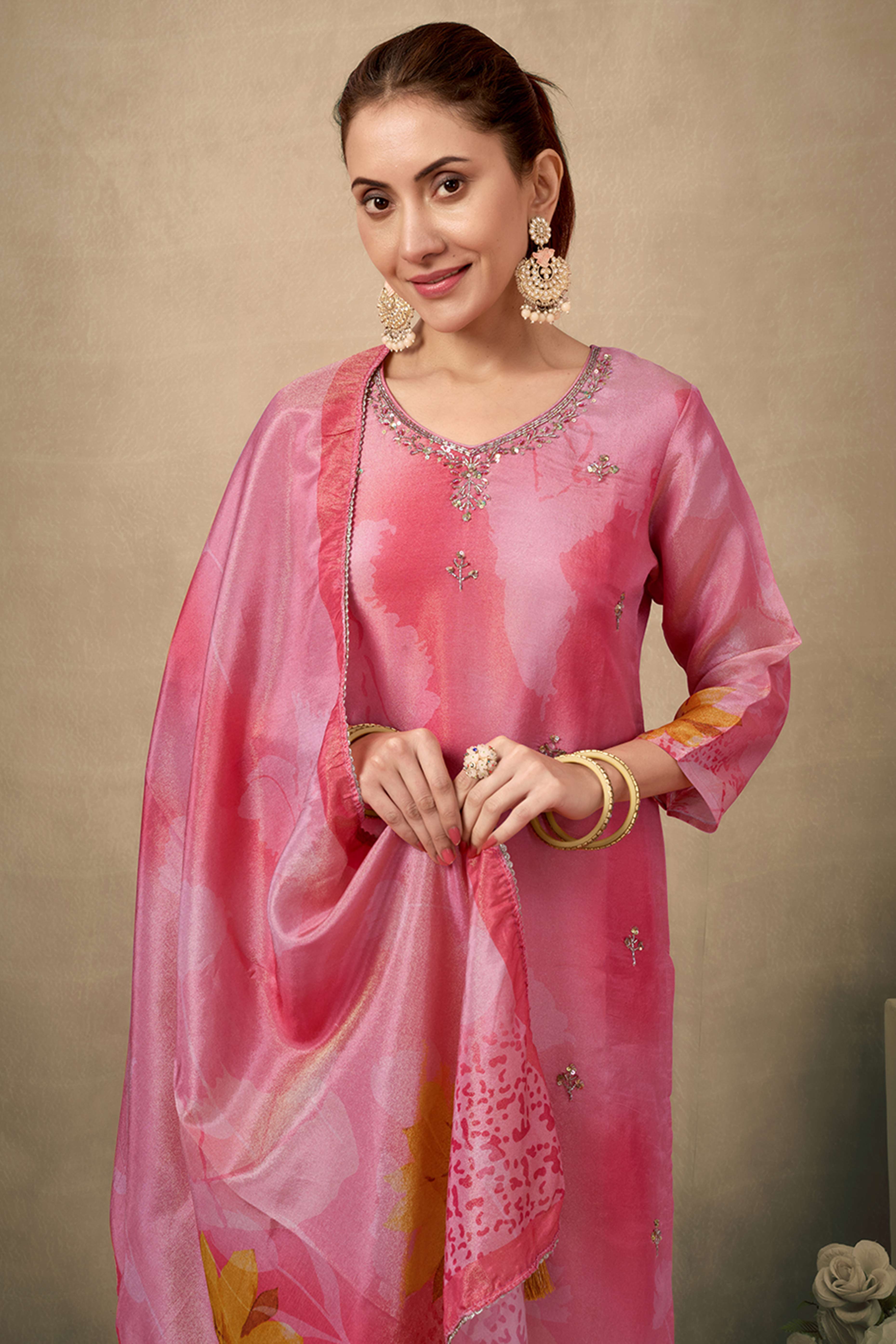 Bright Peach Organza Straight Suit Enhanced with Detailed Embroidery in Stones and Beads