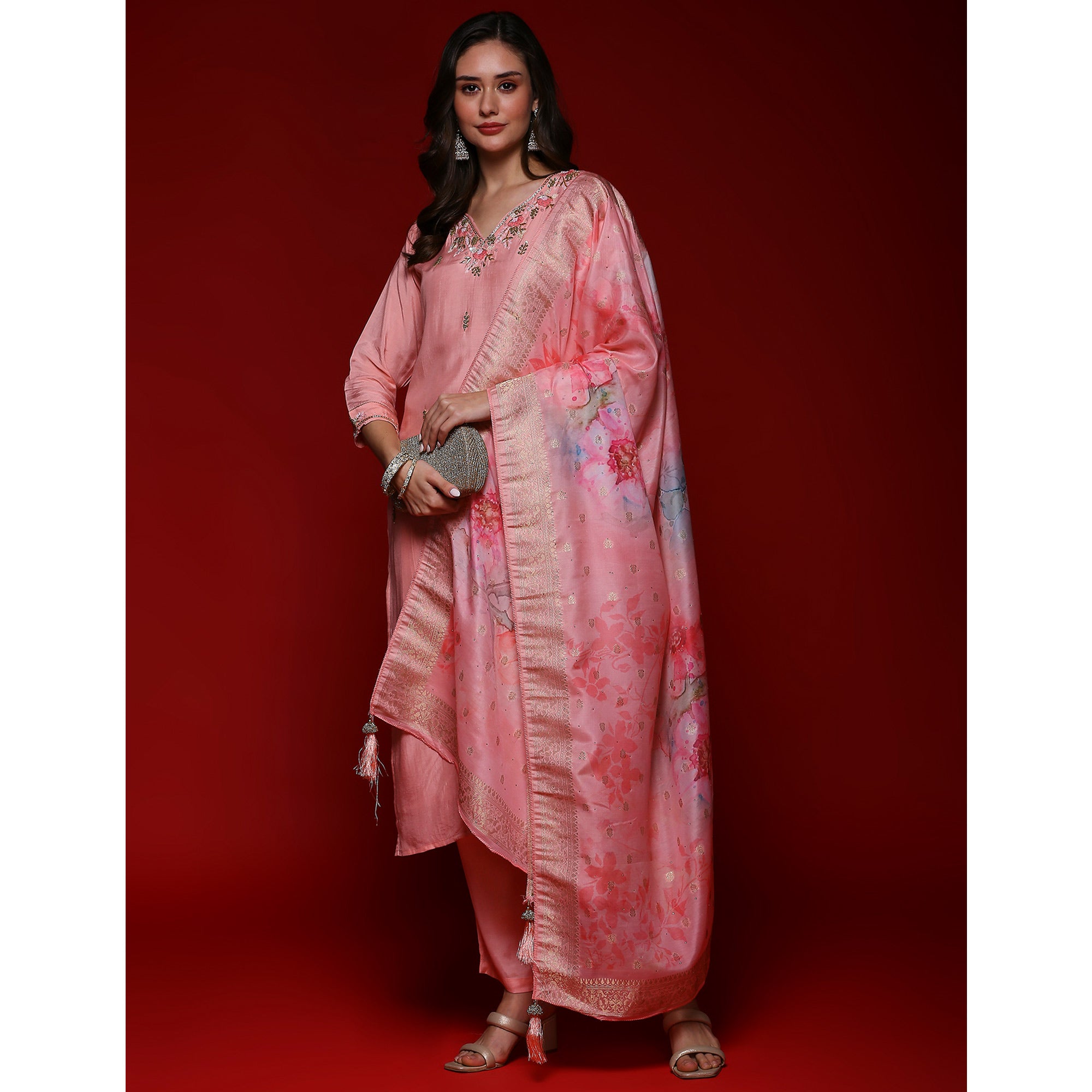 Pink Floral Embroidered Muslin Straight Salwar Suit