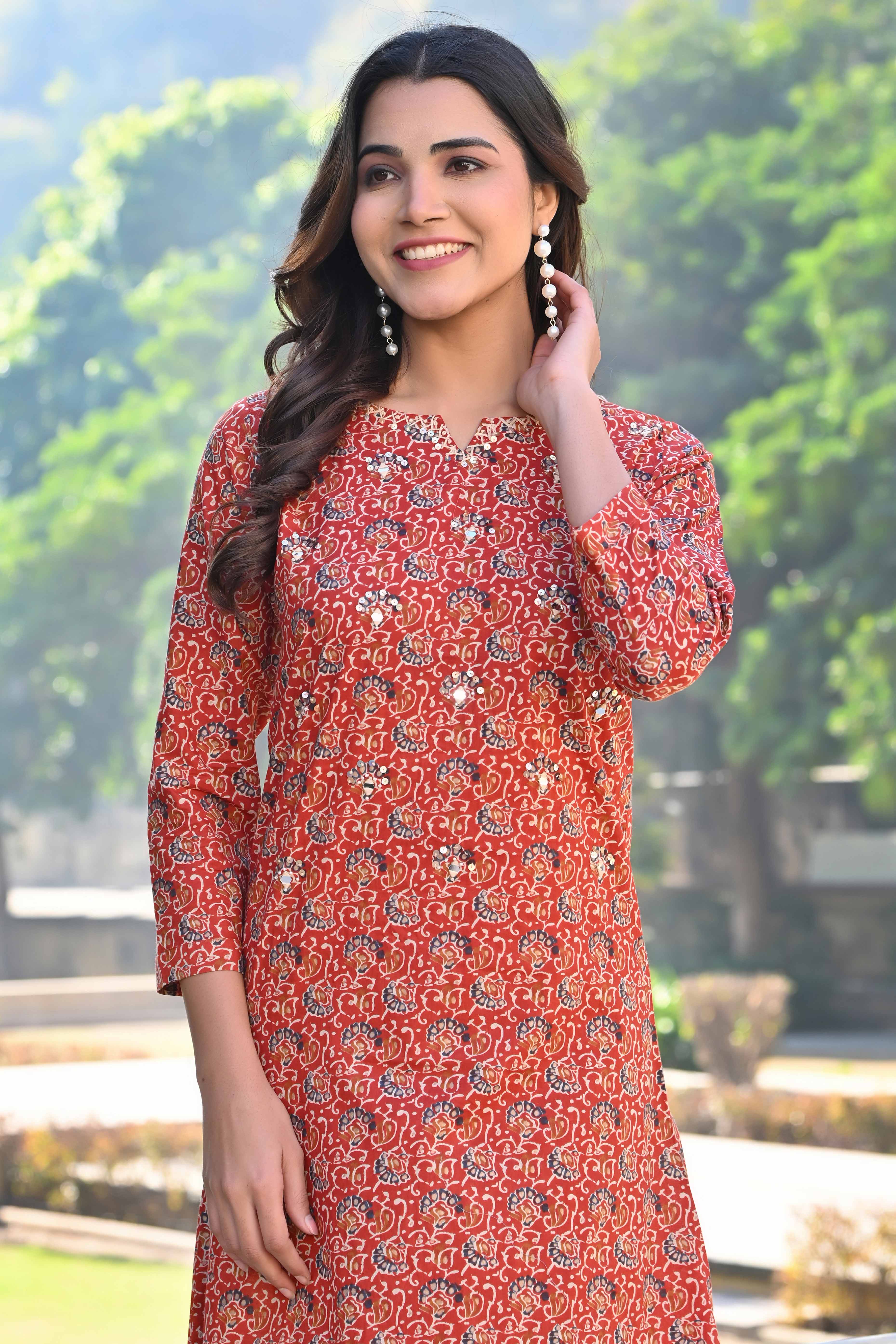 Red Floral Printed Pure Cotton Straight Kurti