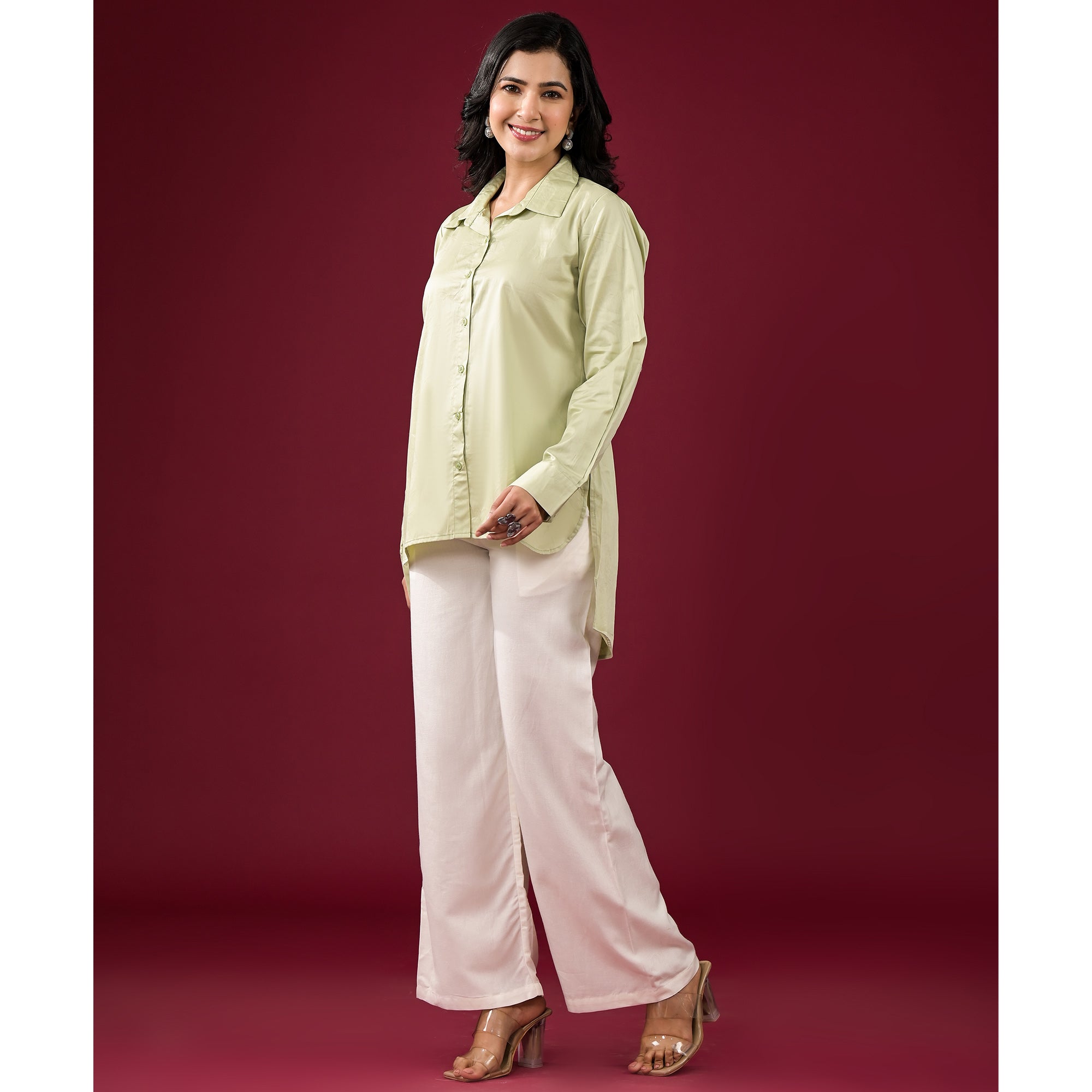 Pista Green Solid Satin High-Low Shirt