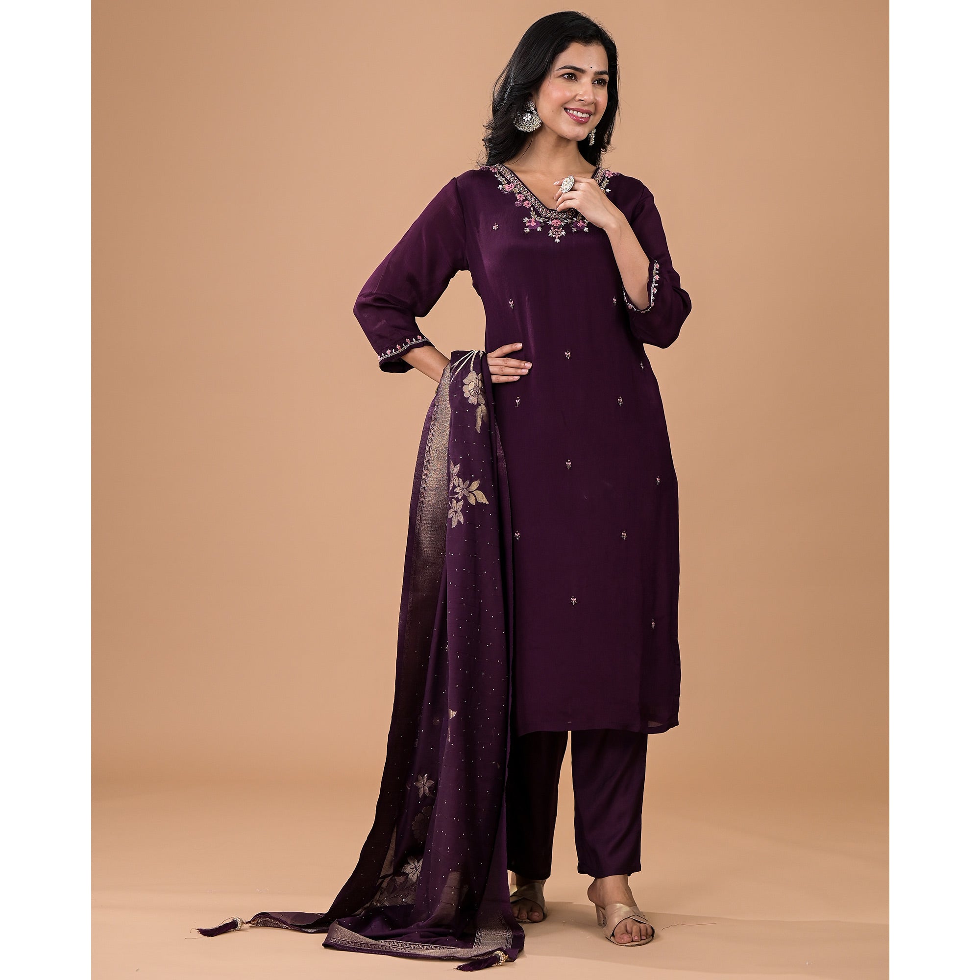 Purple Embroiderd Chinon Straight Salwar Suit