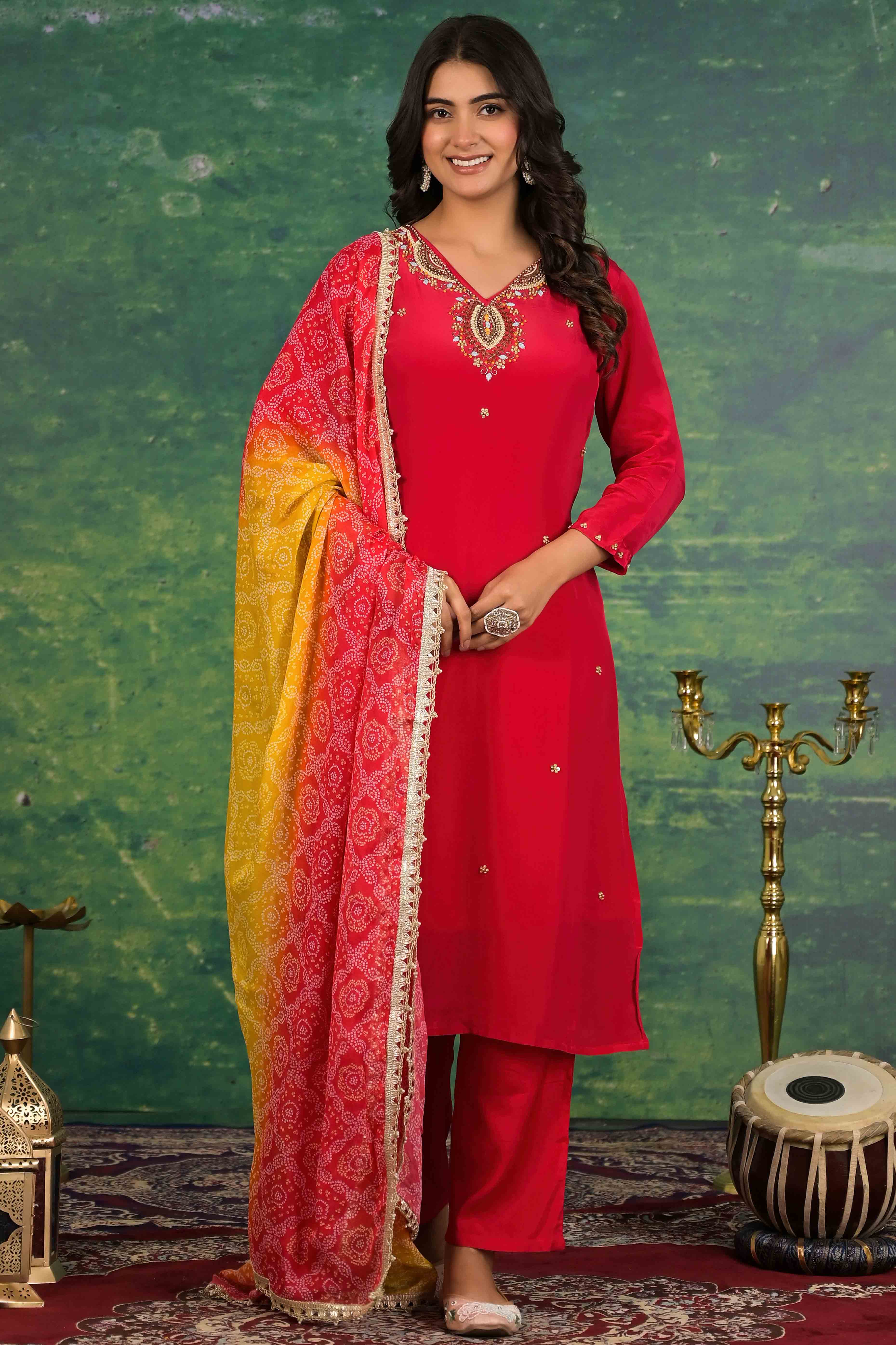 Red Beads Work Embroidered Crepe Salwar Suit