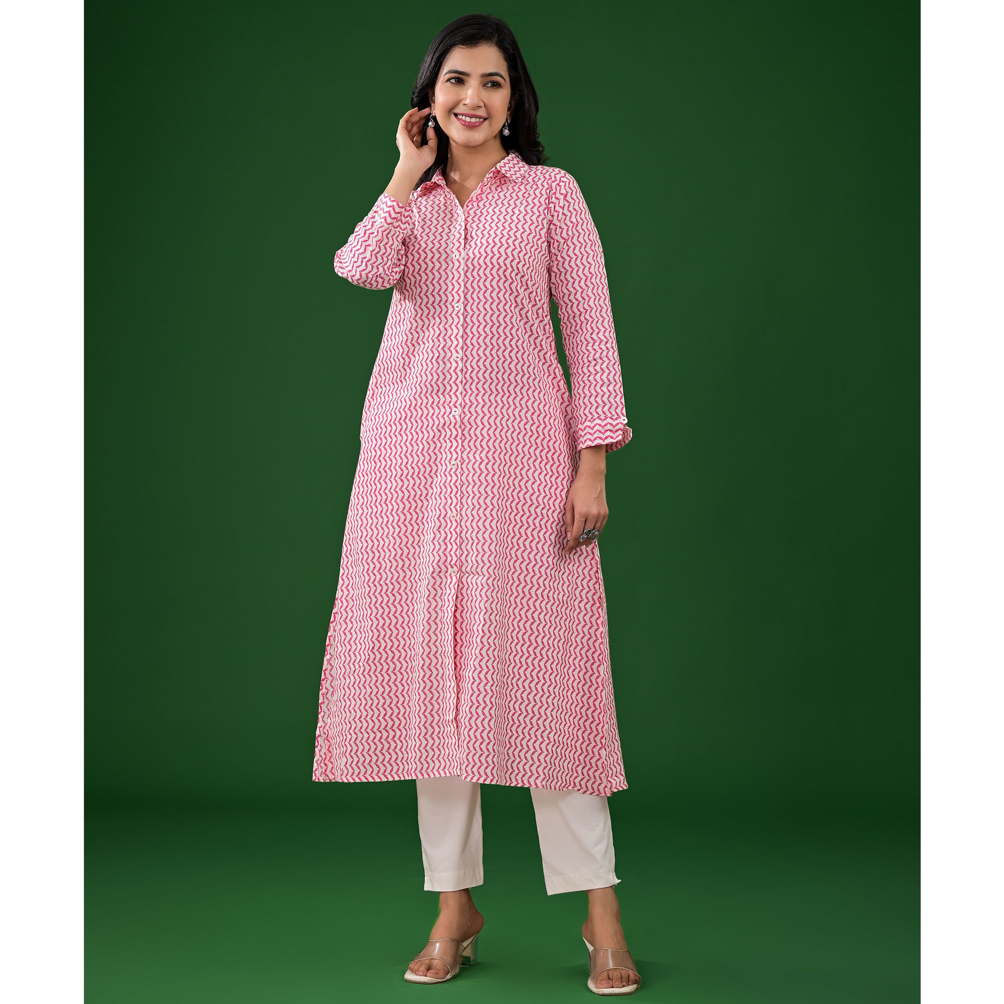 White & Pink Zig-Zag Printed Pure Cotton Straight Kurti