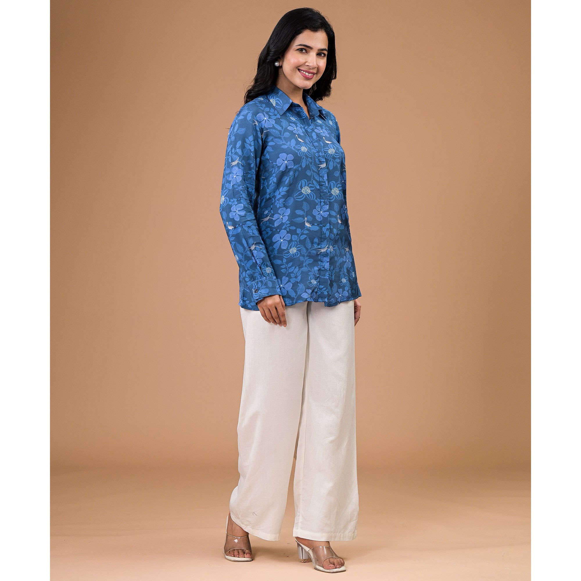 Blue Foil Printed Muslin Shirt